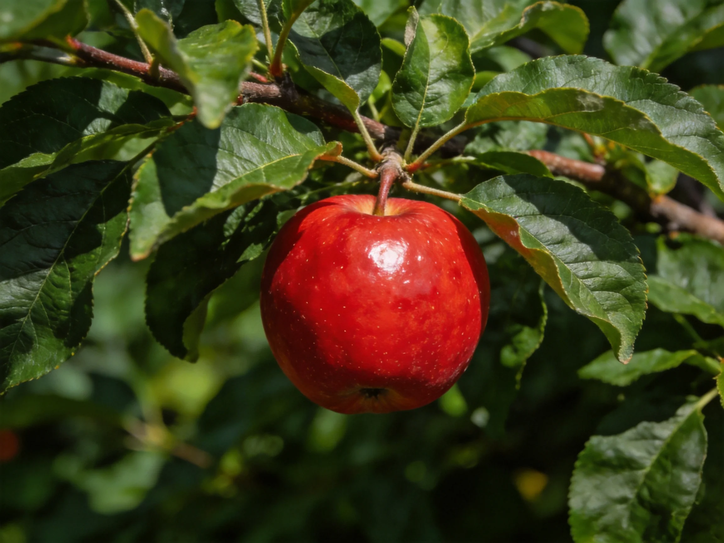 A glossy red apple hangs from a leafy tree branch