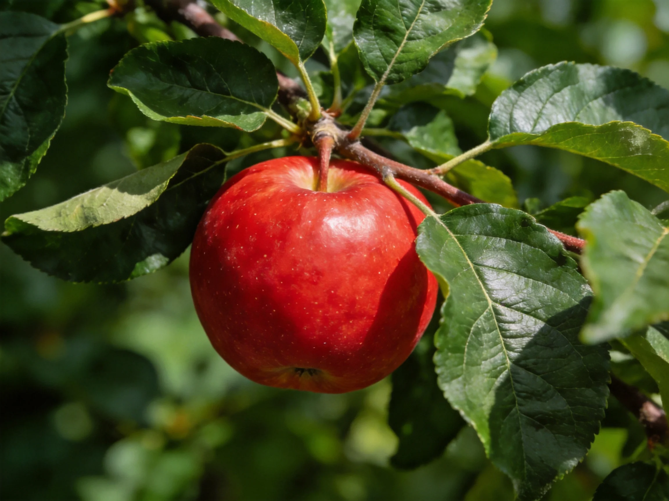 A glossy red apple hangs from a leafy tree branch