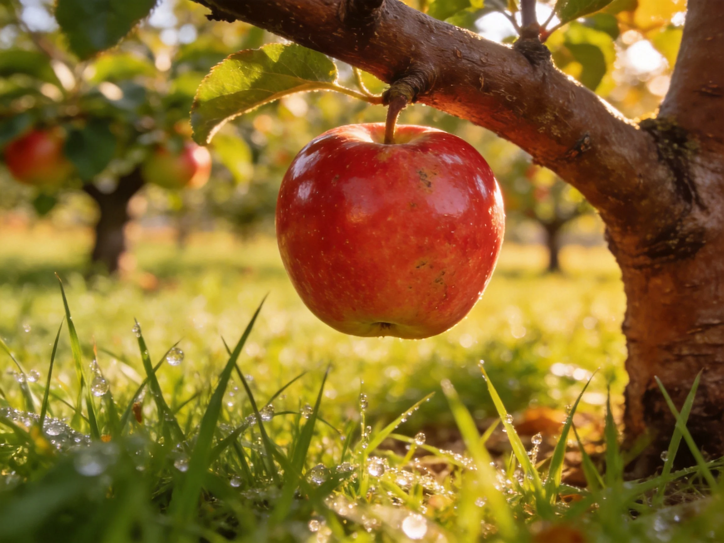 A glossy red apple hangs from a thick tree branch in a dewy orchard