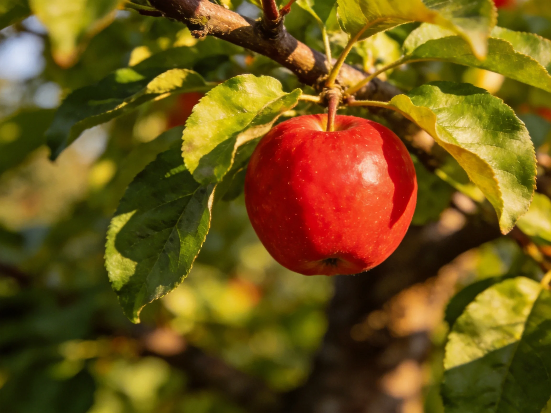 A glossy red apple hangs from a tree branch amid green foliage