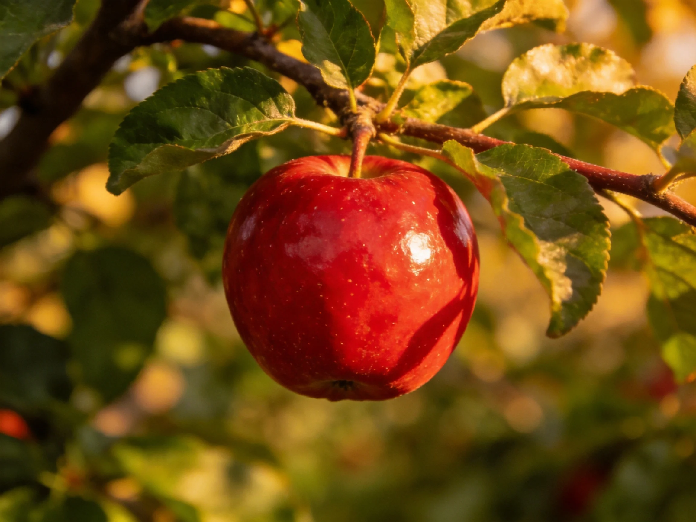 A glossy red apple hangs from a tree branch amid green foliage.