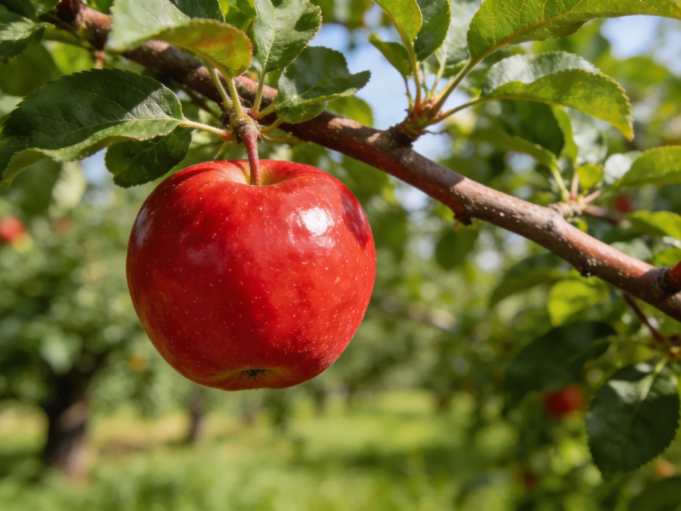 A glossy red apple hangs from a tree branch in a sunlit orchard