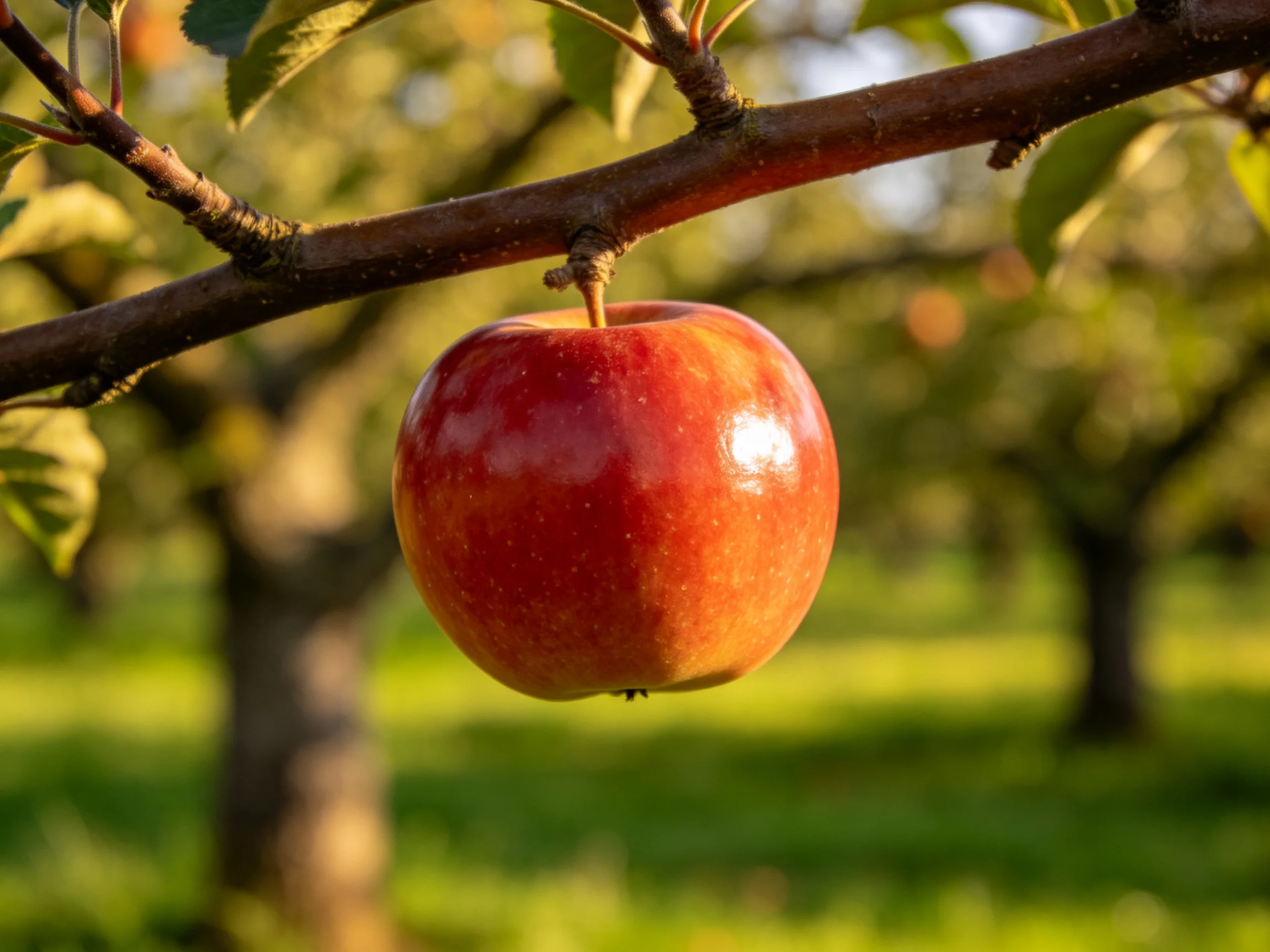 A glossy red apple hangs from a tree branch in a sunlit orchard.