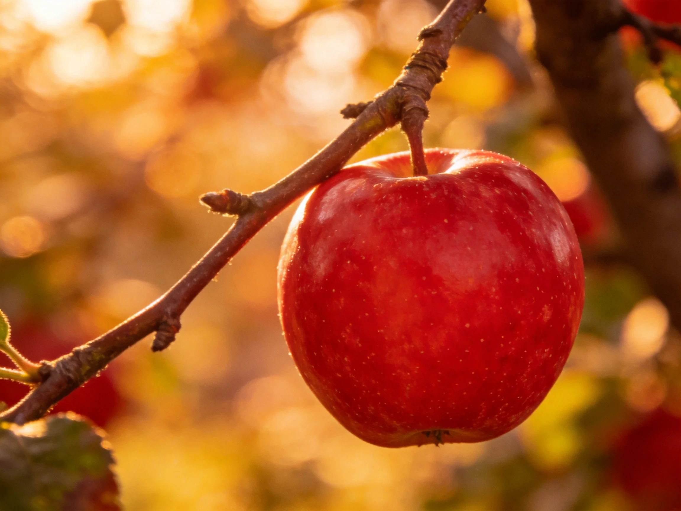 A glossy red apple hangs from a tree branch in warm golden light.