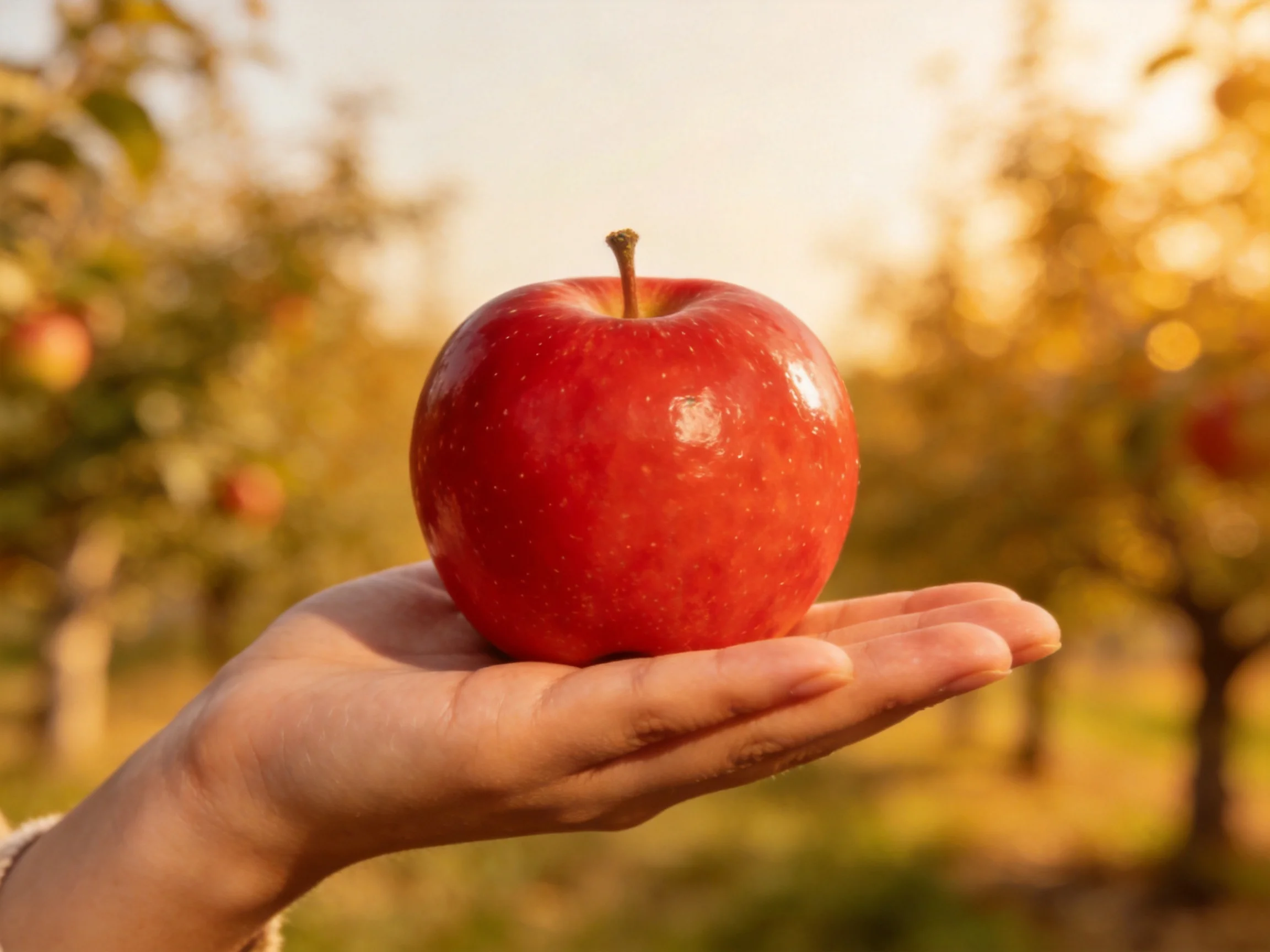 A glossy red apple is held in a hand with an orchard in the background