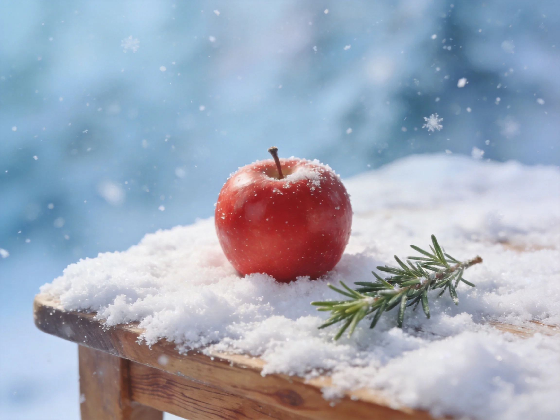 A glossy red apple on a snow-covered wooden surface with rosemary
