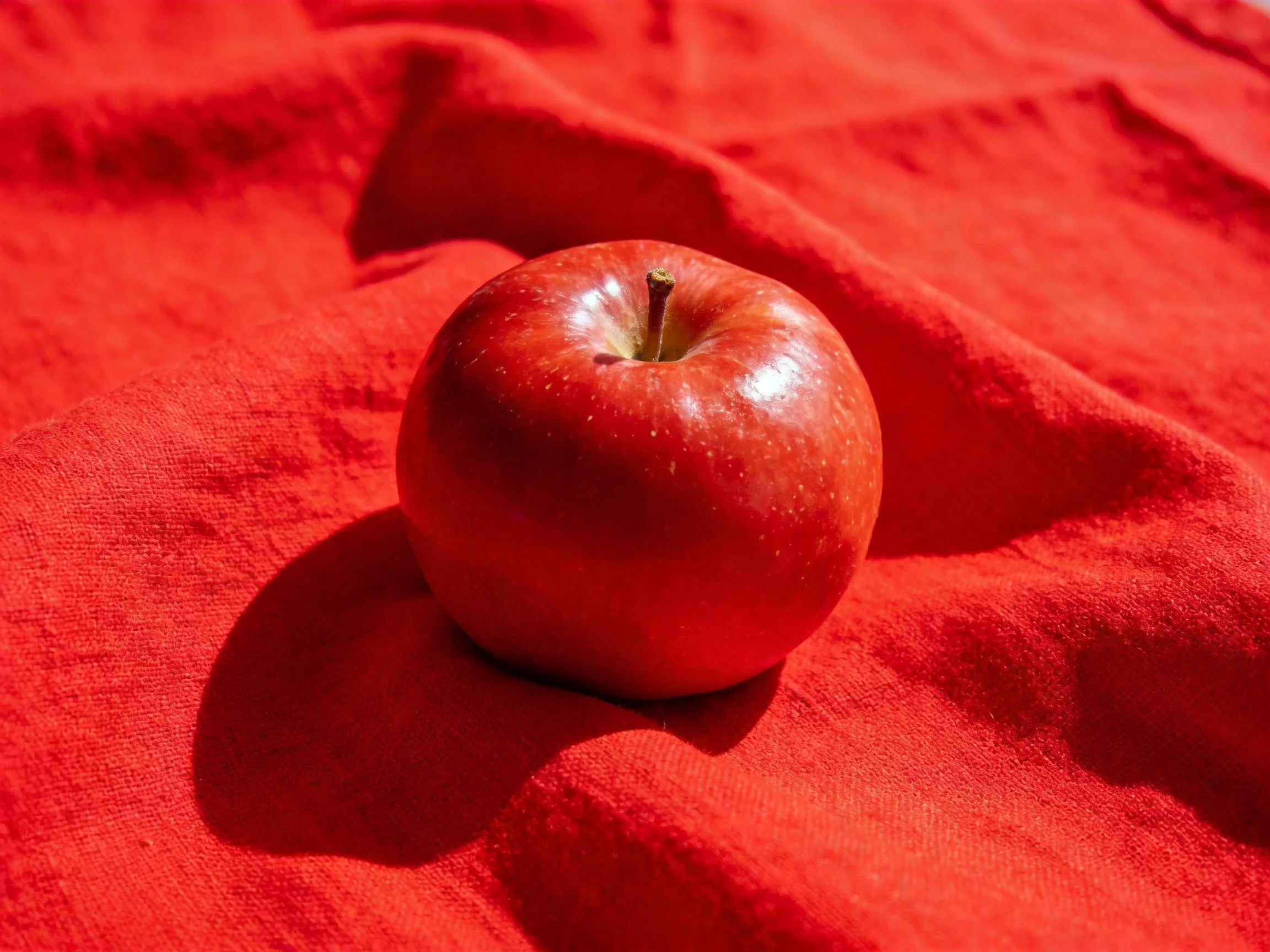 A glossy red apple positioned on a rich red fabric surface