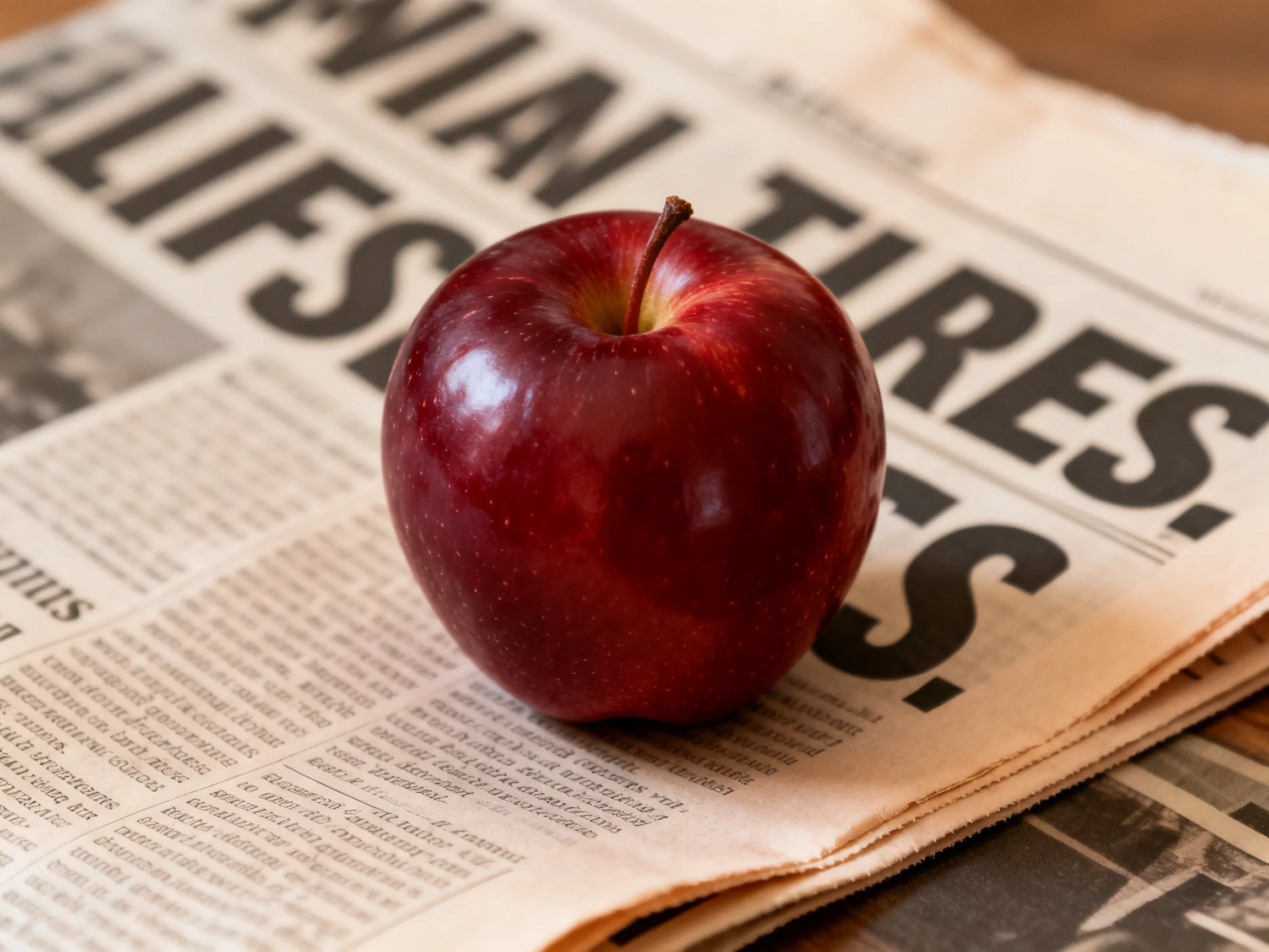 A glossy red apple rests atop a folded newspaper