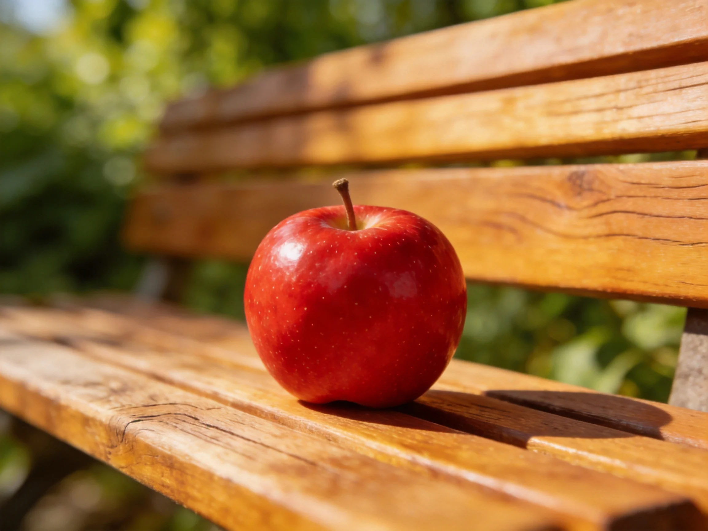 A glossy red apple rests on a polished wooden park bench
