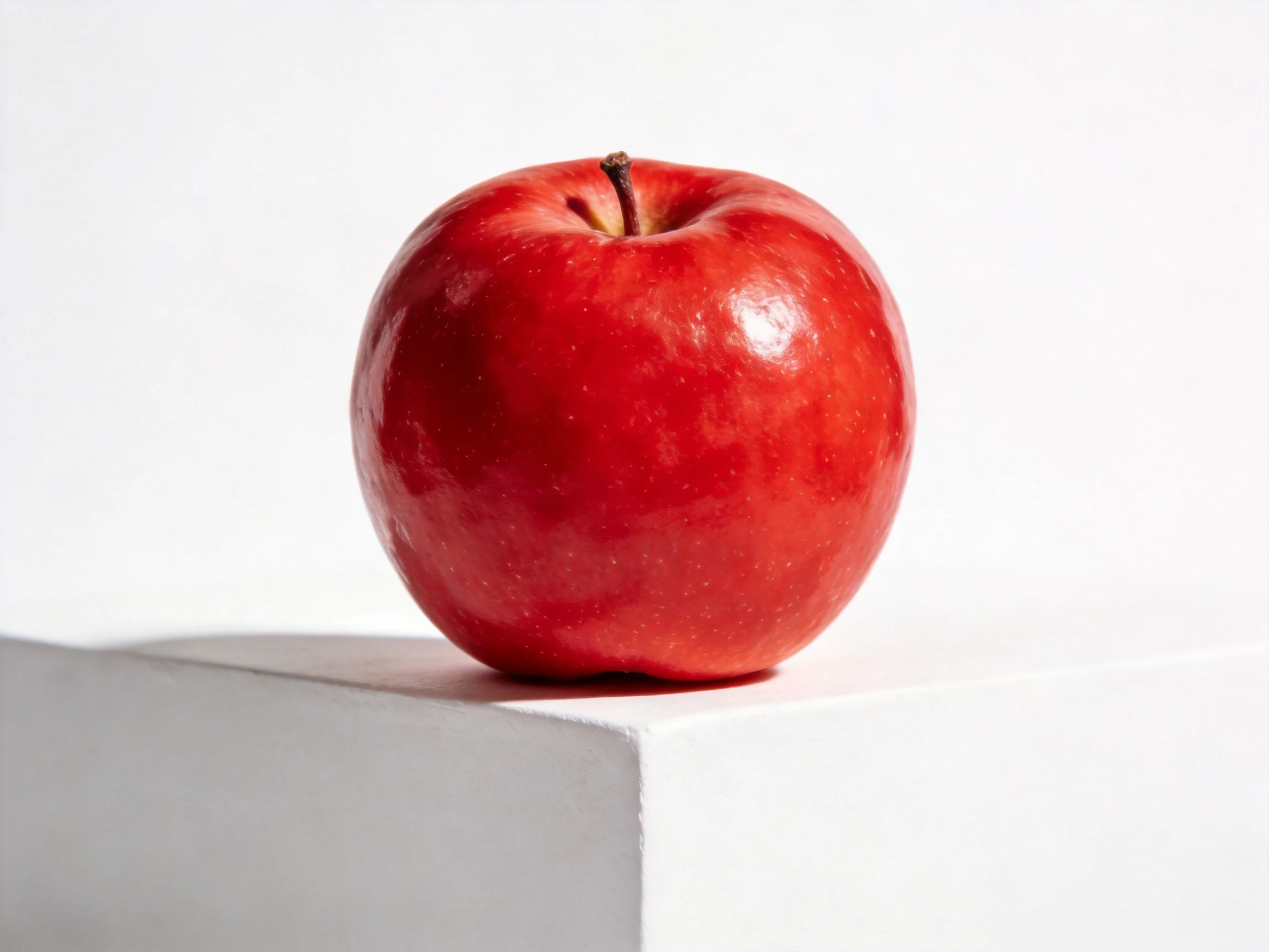 A glossy red apple rests on a white rectangular surface with a plain white backdrop