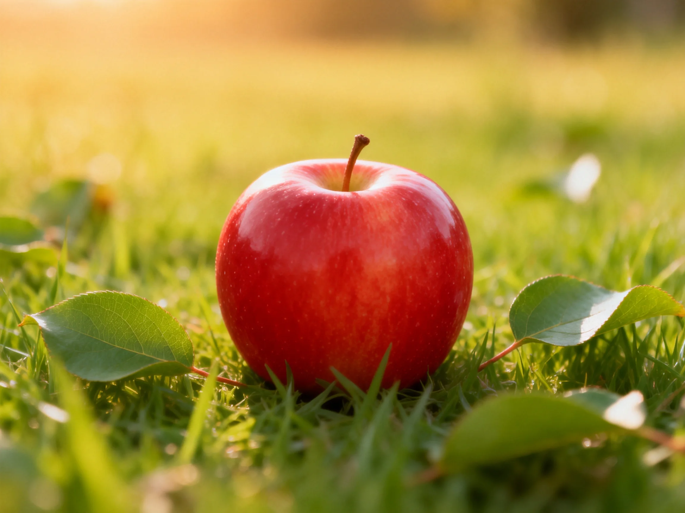 A glossy red apple rests on lush green grass with scattered leaves