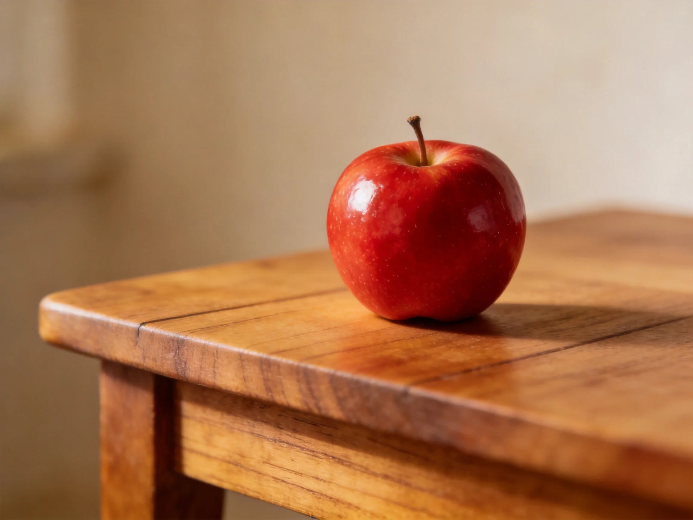 A glossy red apple sits atop a polished wooden table
