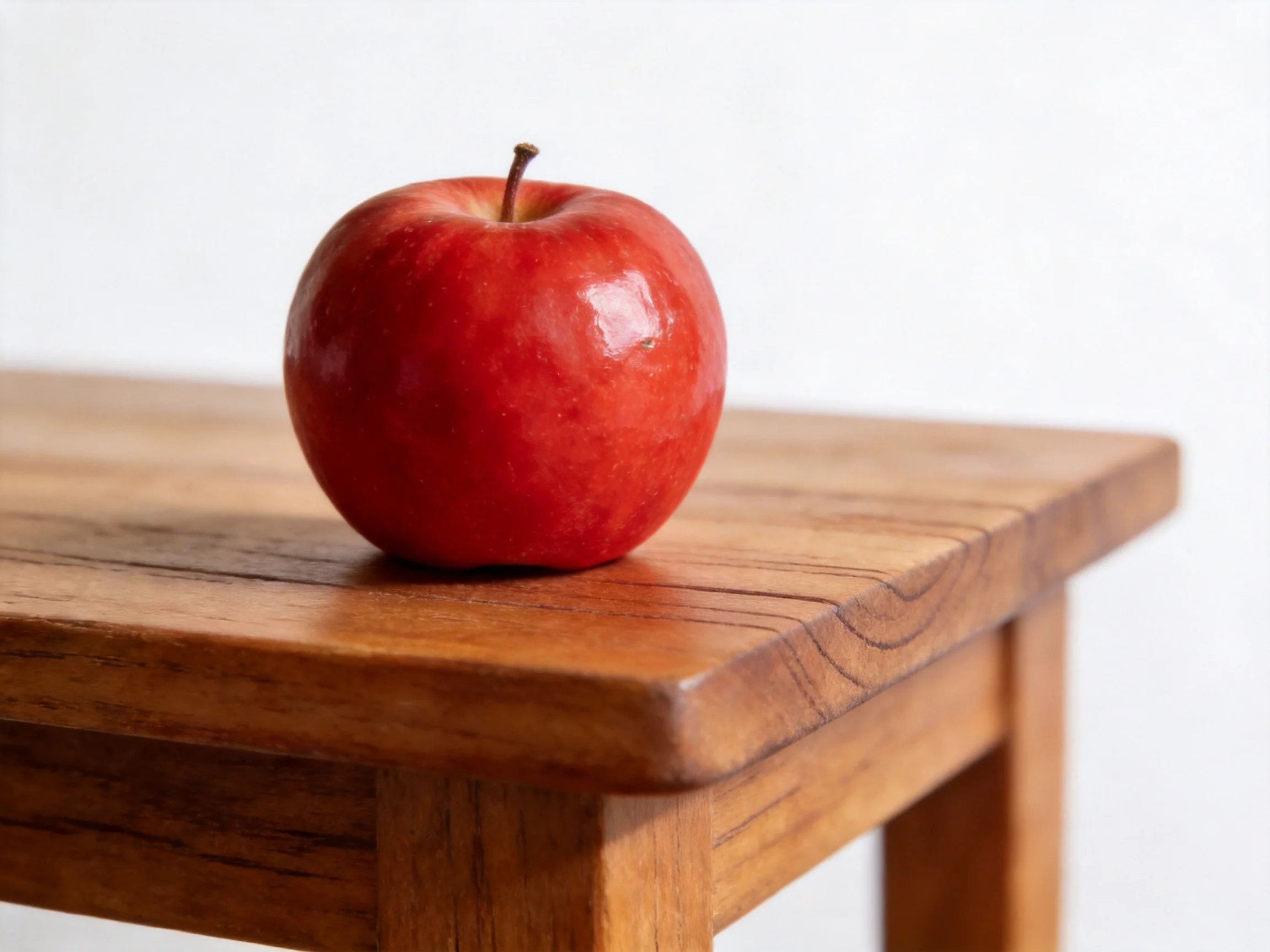 A glossy red apple sits atop a polished wooden table