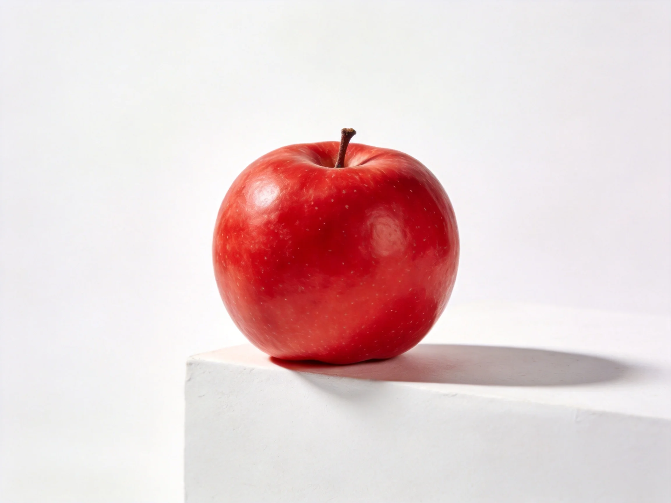 A glossy red apple sits atop a white pedestal