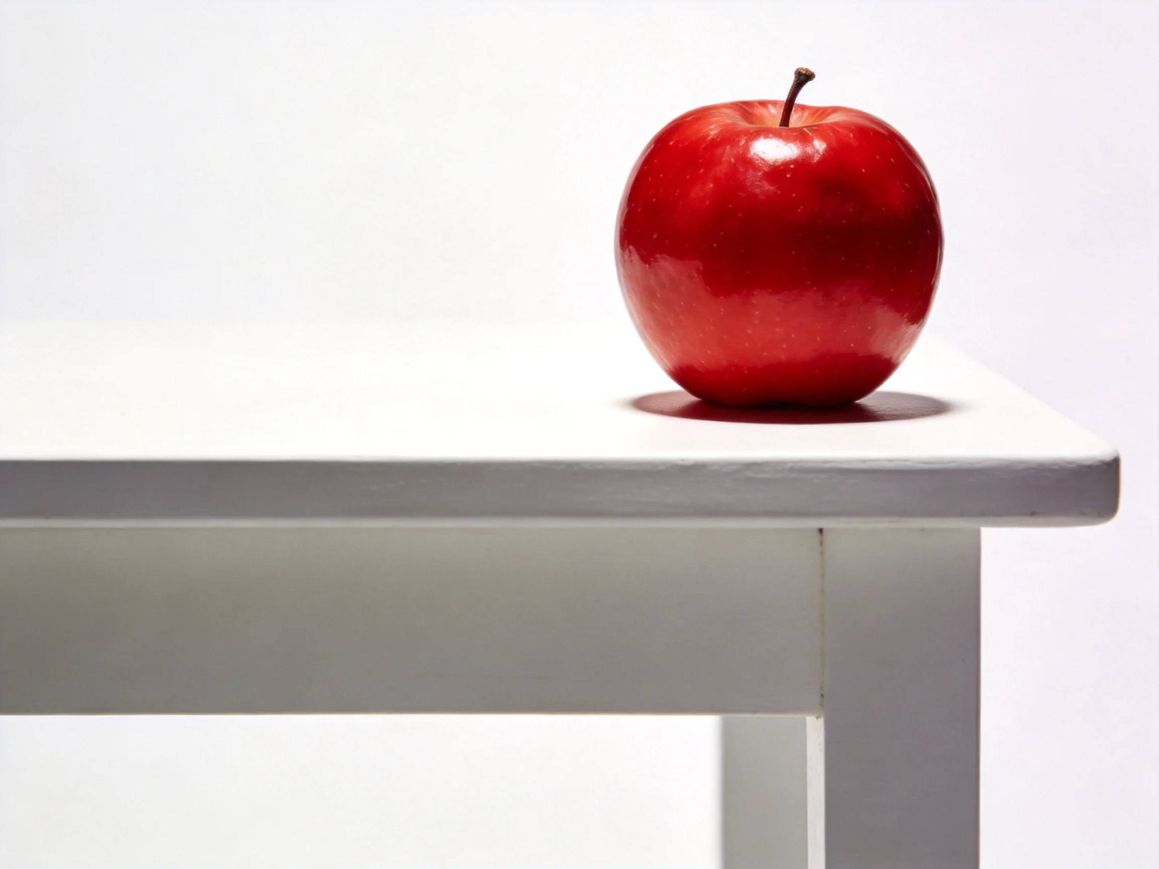 A glossy red apple sits atop aminimalist white wooden table