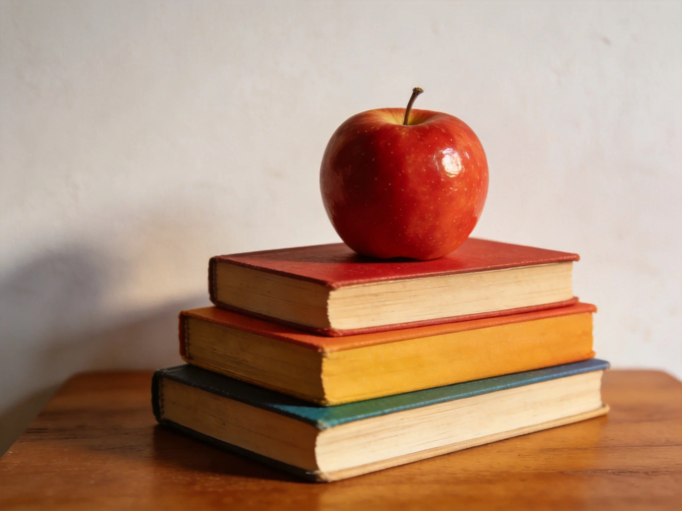 A glossy red apple sits atop three stacked hardcover books on a wooden table