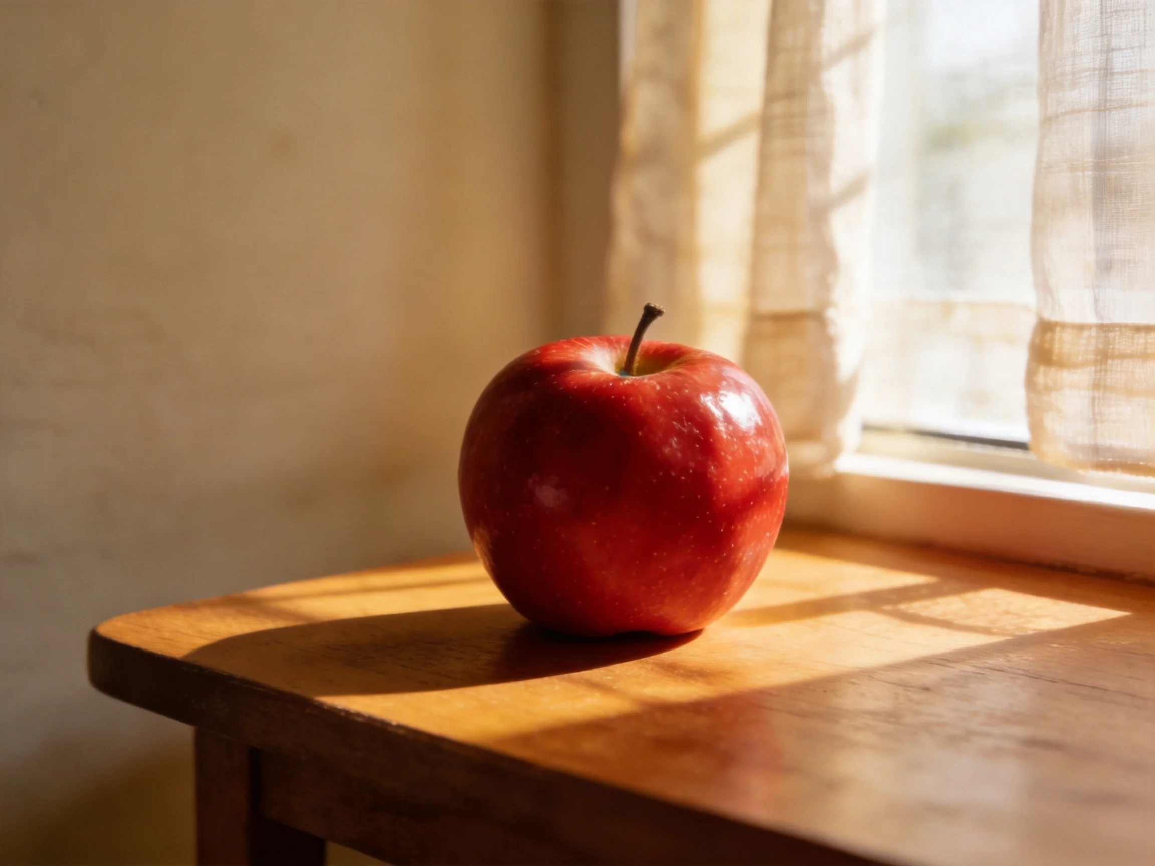A glossy red apple sits on a polished wooden table by a sunlit window