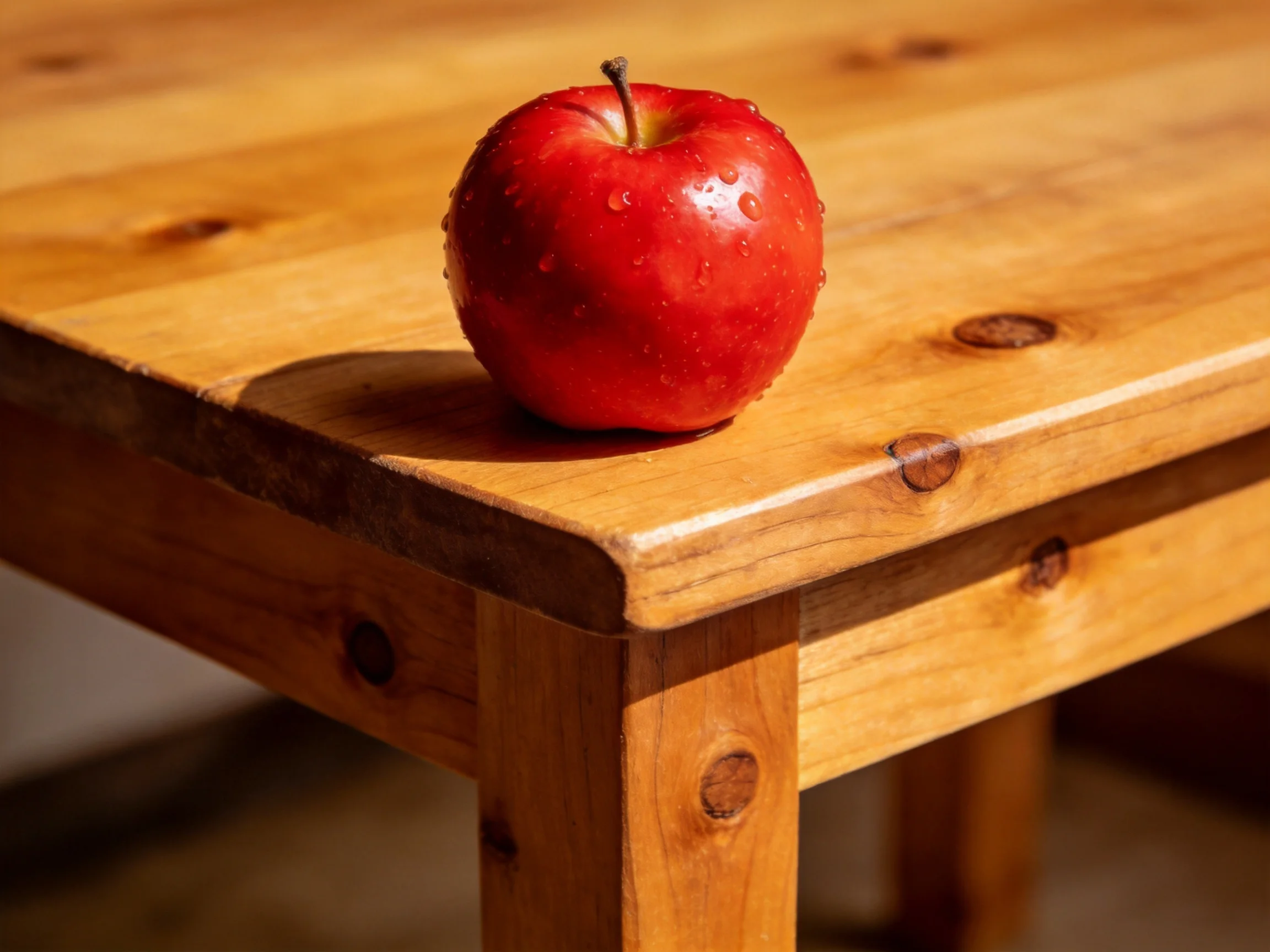 A glossy red apple sits on a polished wooden table corner
