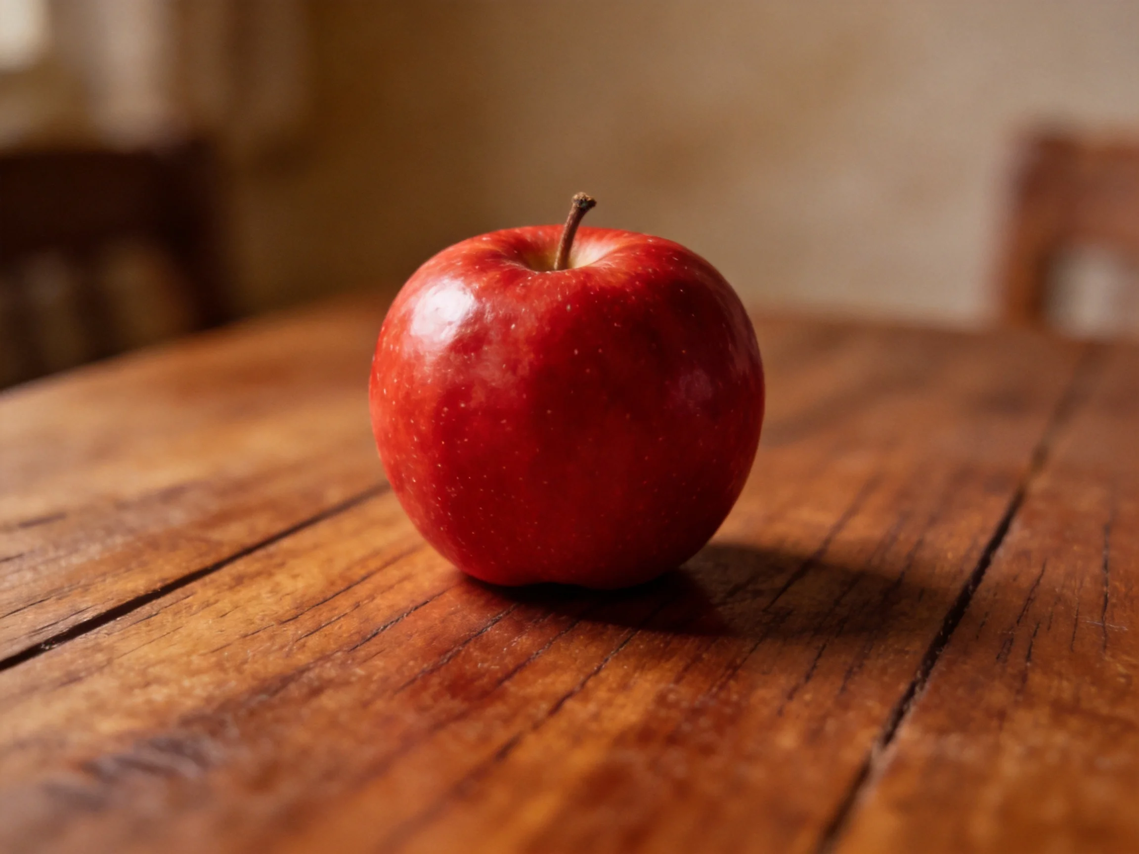 A glossy red apple sits on a rustic wooden table
