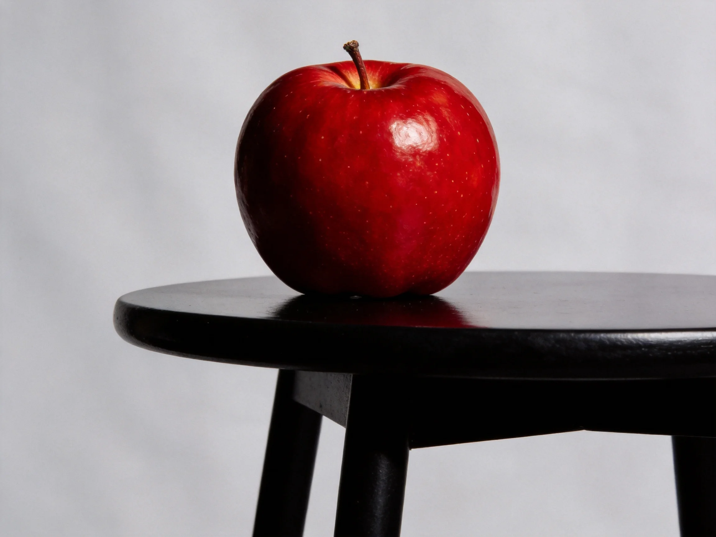 A glossy red apple sits on a sleek black stool