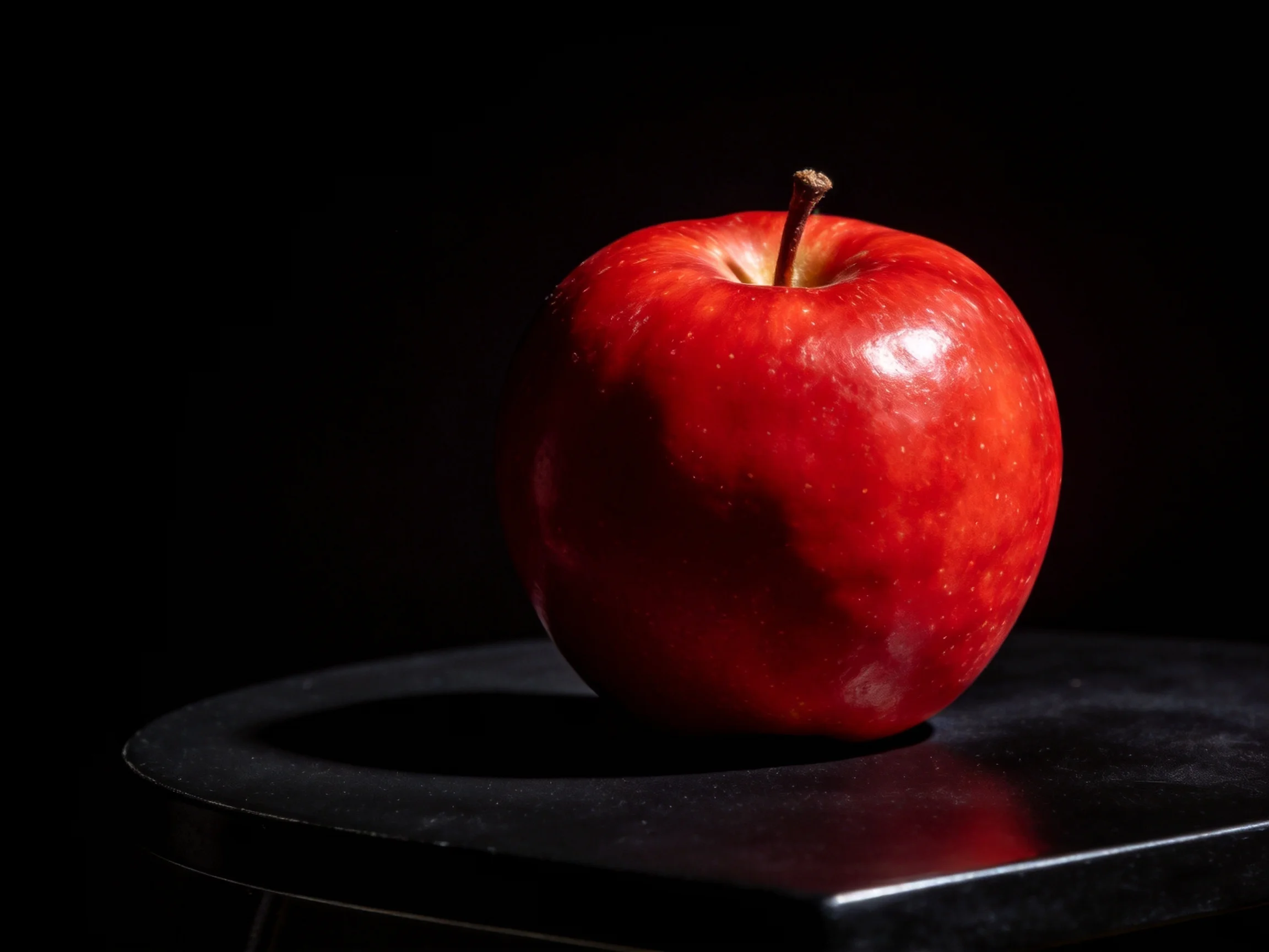 A glossy red apple sits on a sleek black surface