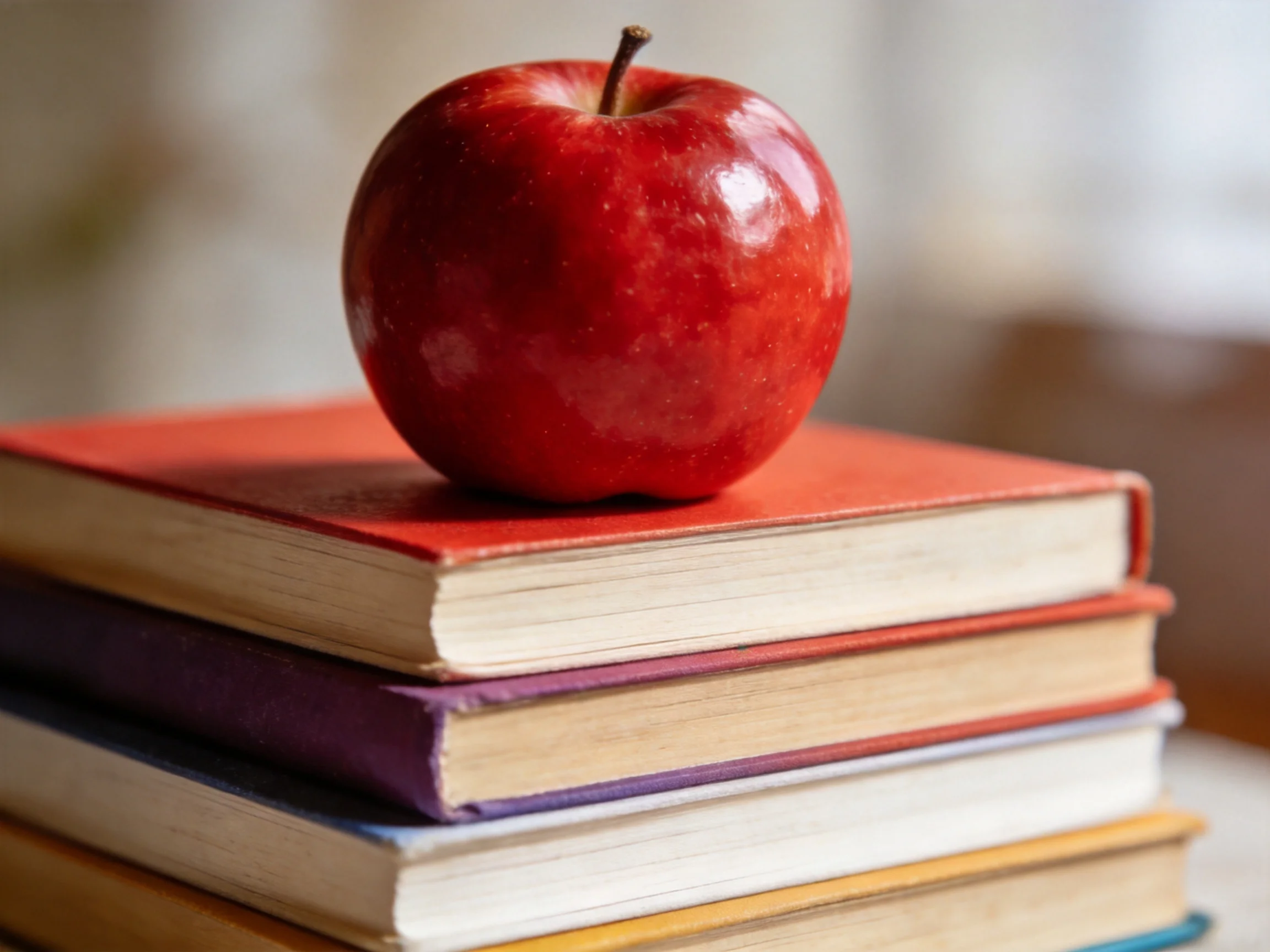A glossy red apple sits on a stack of multicolored hardcover books