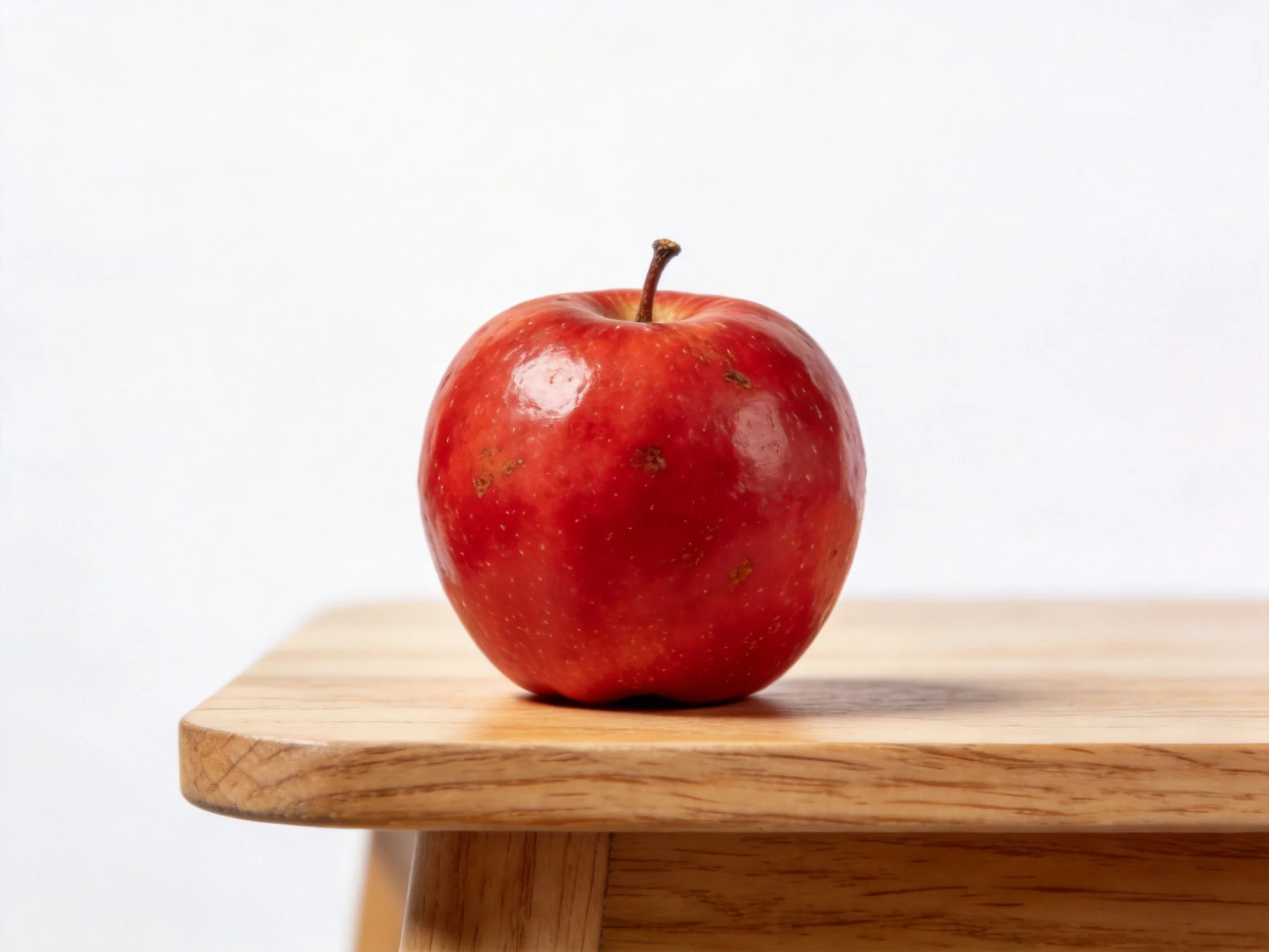 A glossy red apple sits on a wooden table
