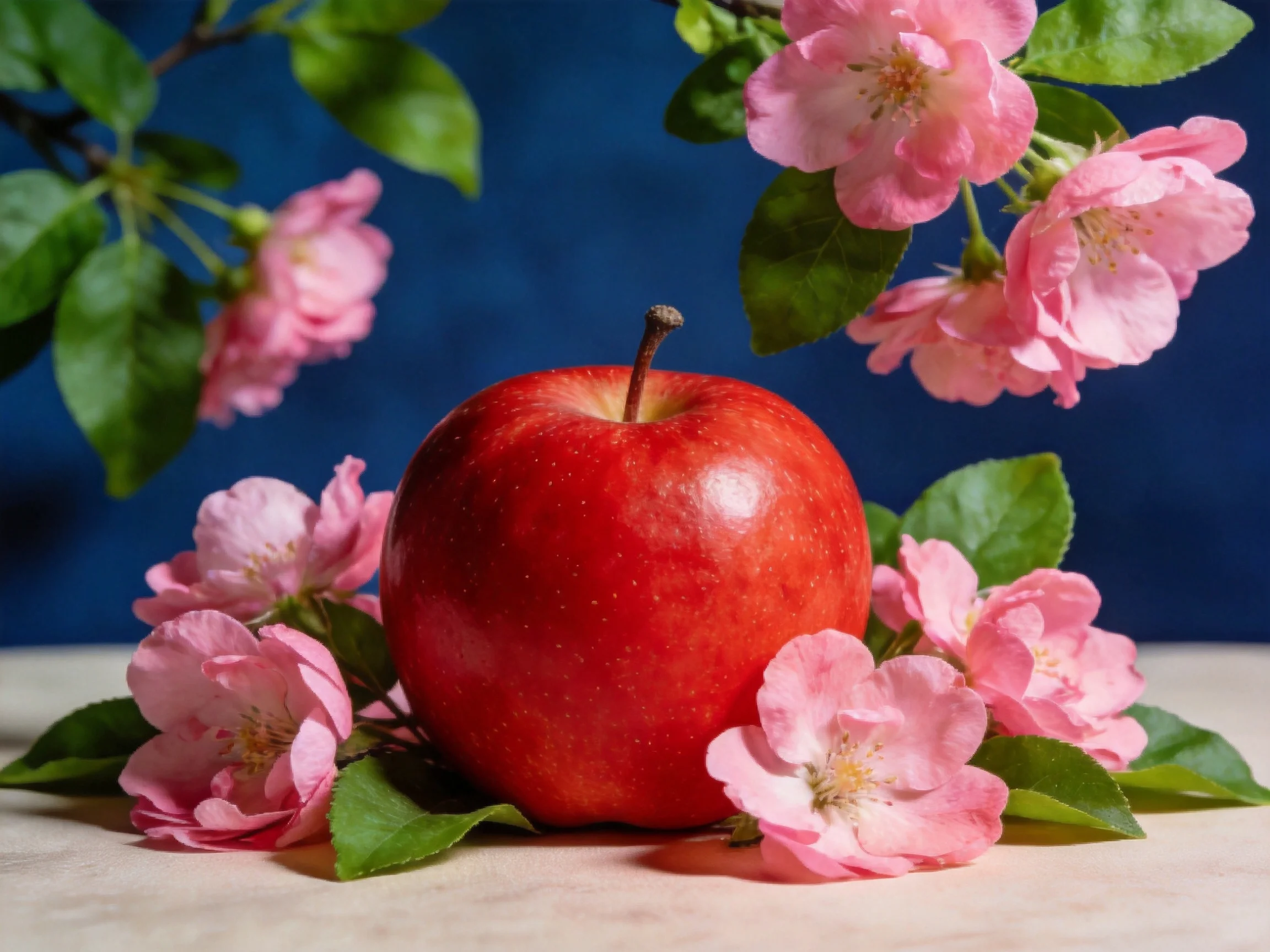 A glossy red apple surrounded by pink blossoms and green leaves on a light surface
