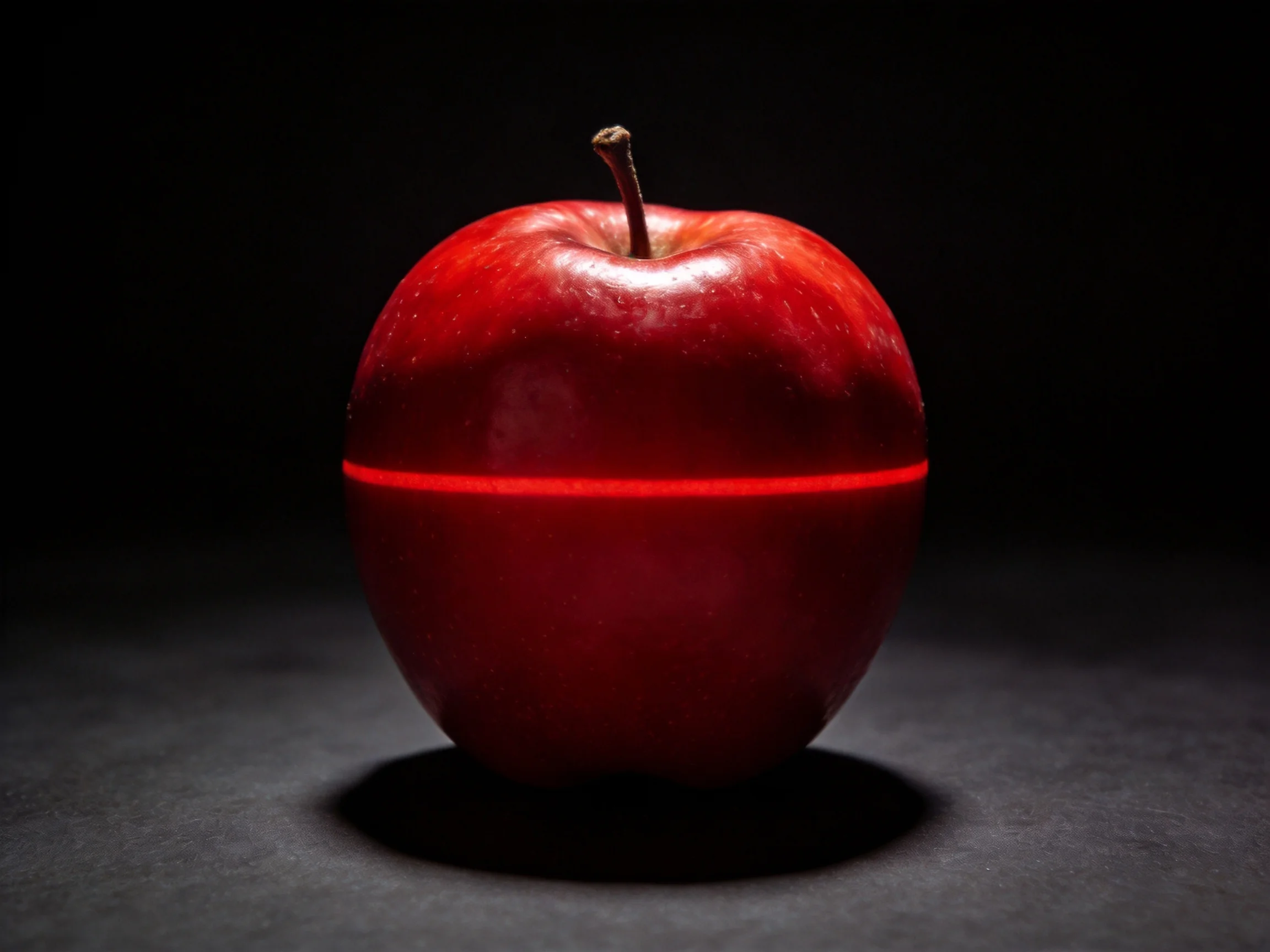A glossy red apple with a horizontal red stripe on dark ground