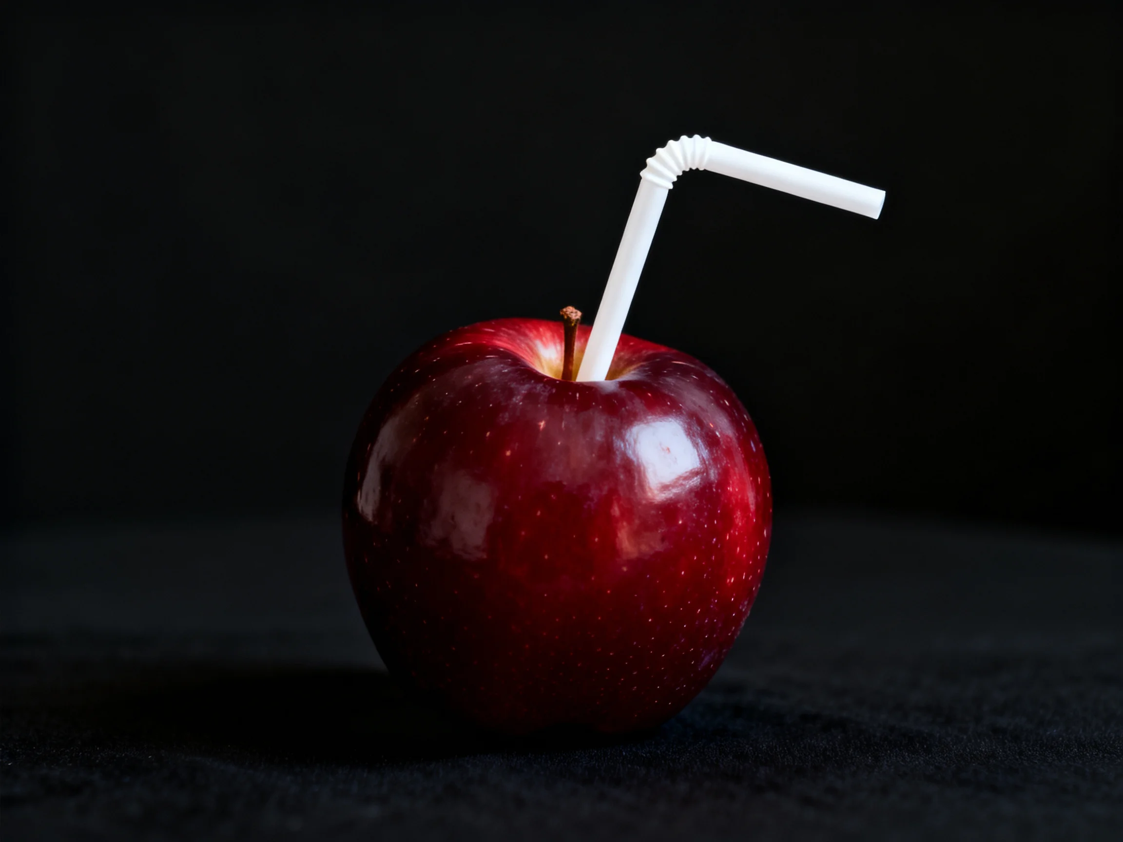 A glossy red apple with a white bent drinking straw