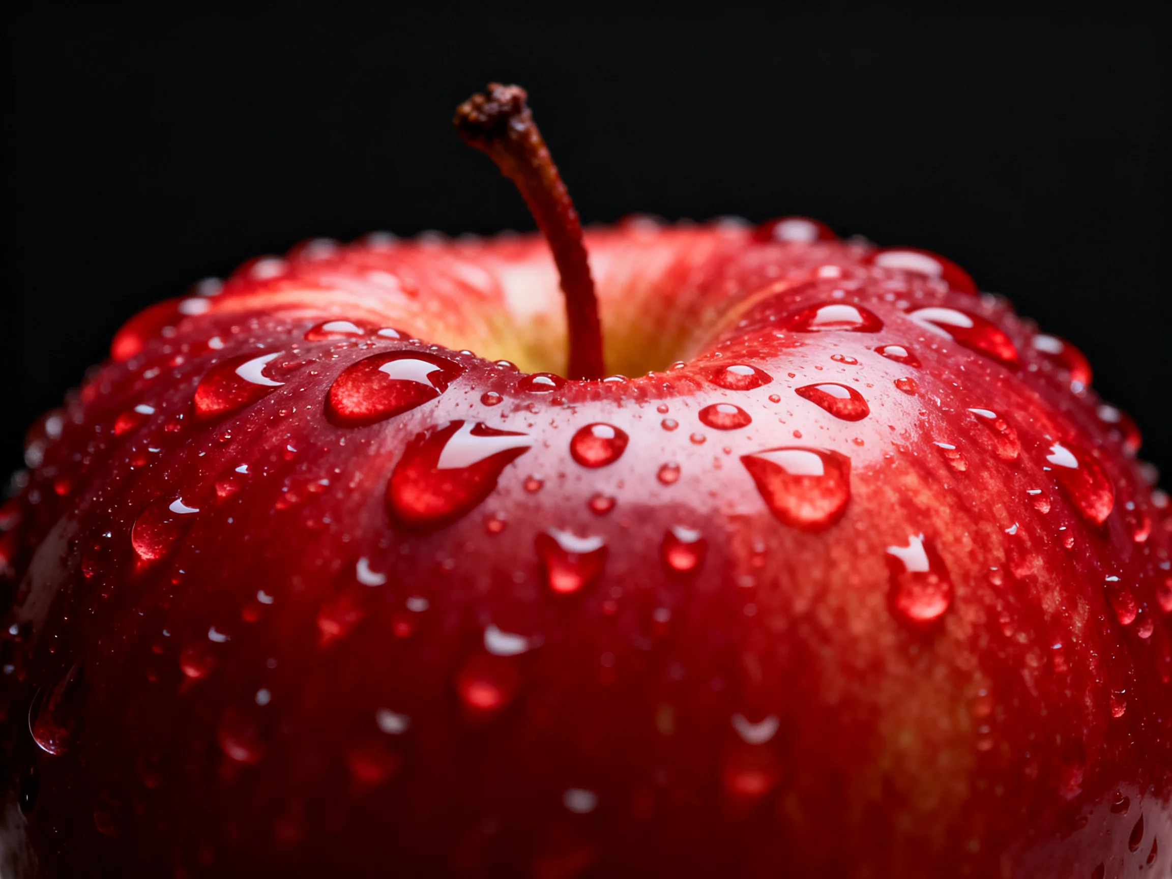 A glossy red apple with numerous water droplets
