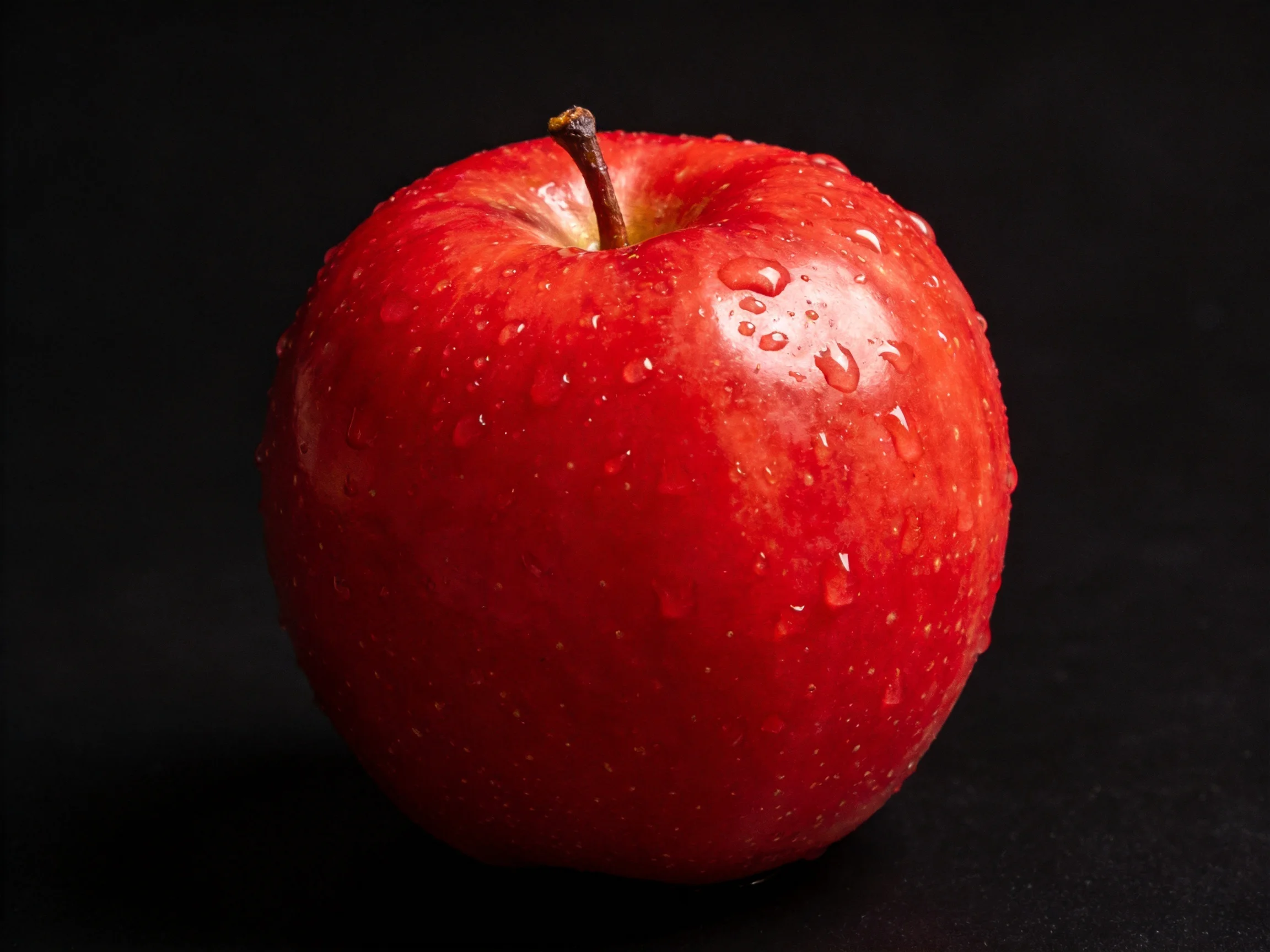 A glossy red apple with water droplets on a black surface