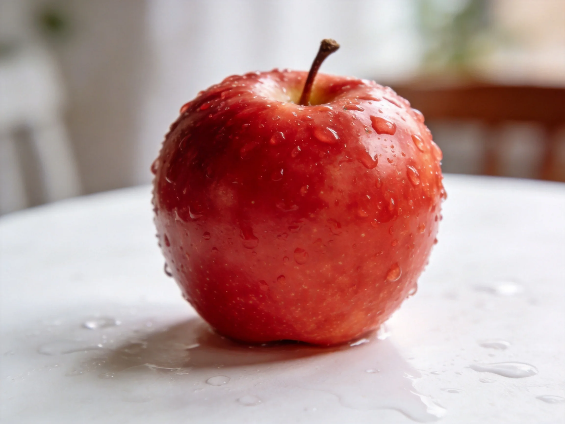 A glossy red apple with water droplets on a white surface