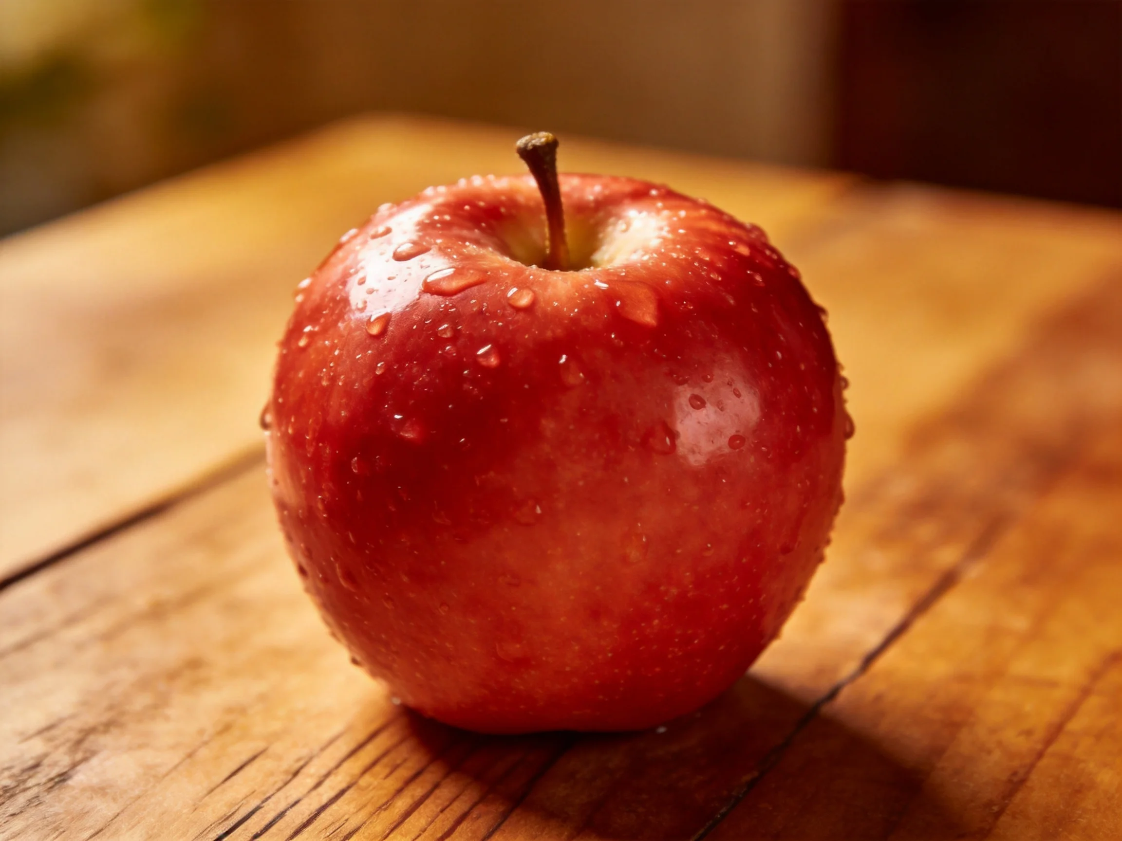 A glossy red apple with water droplets on a wooden table
