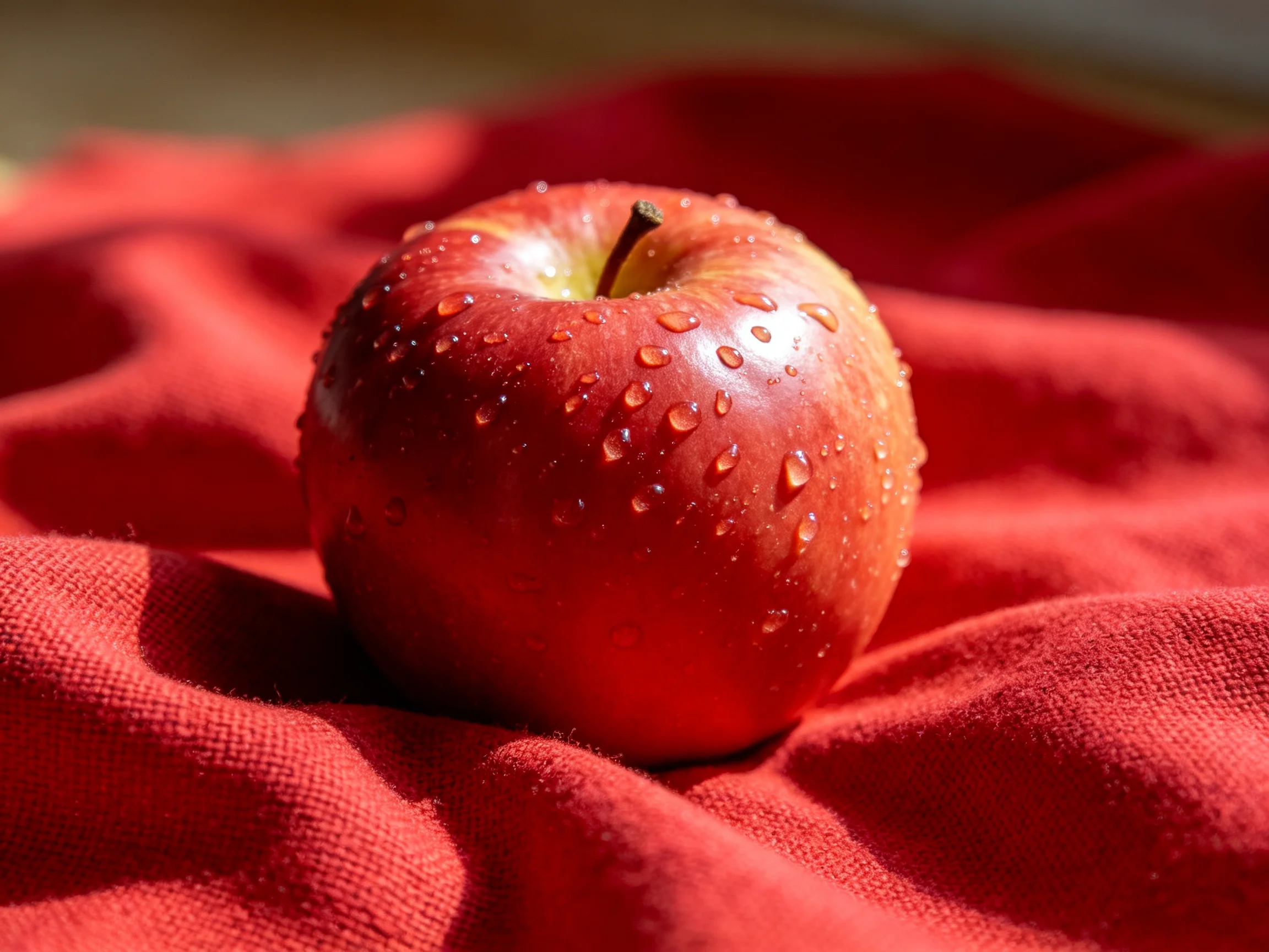 A glossy red apple with water droplets on red fabric