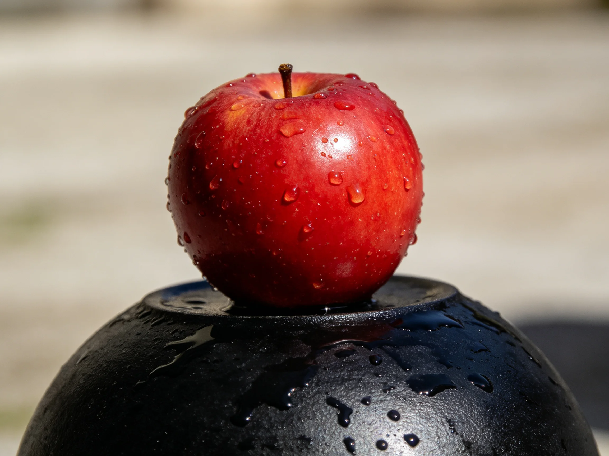 A glossy red apple with water droplets rests on a black sphere