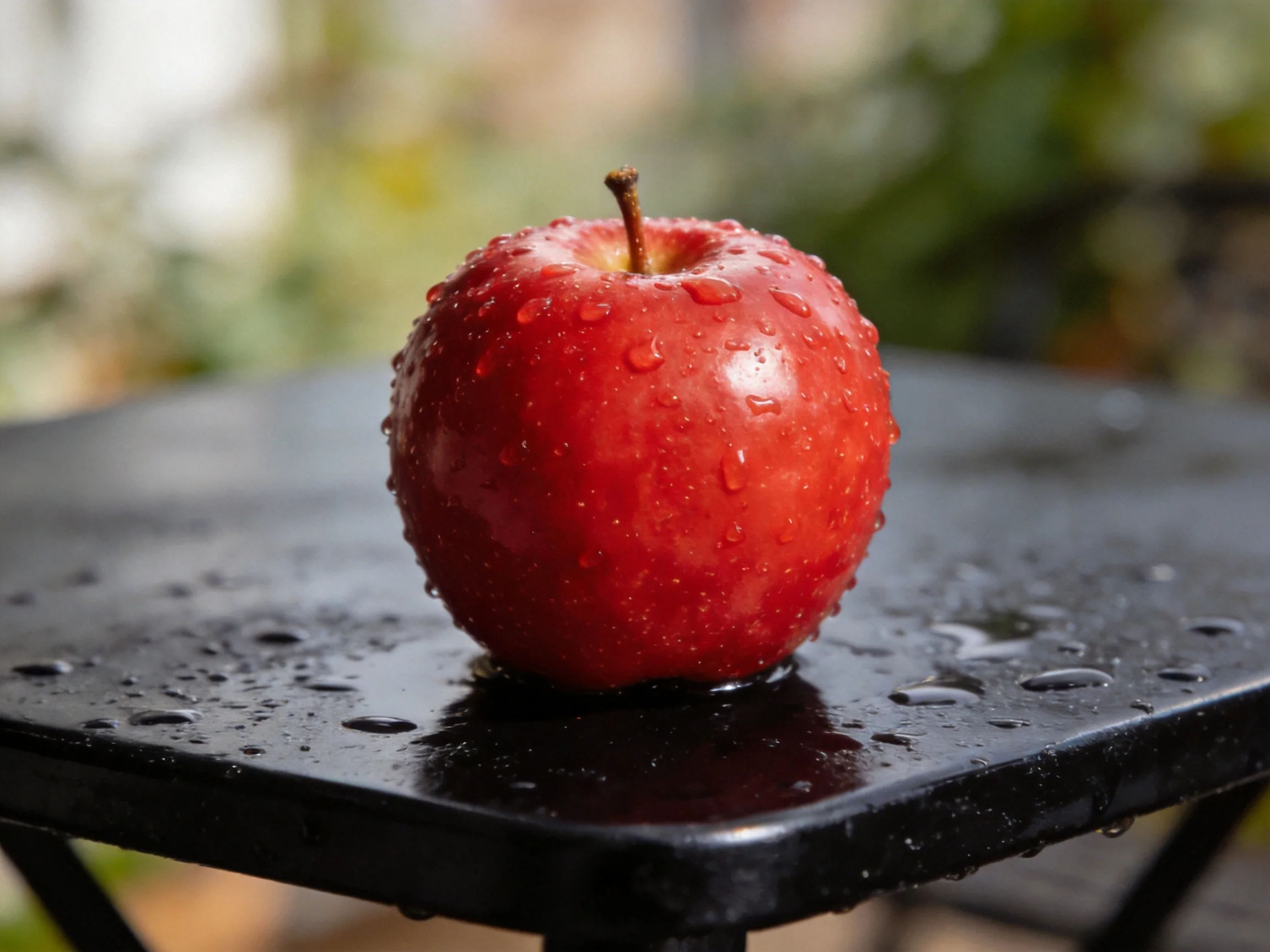 A glossy red apple with water droplets sits on a wet black table