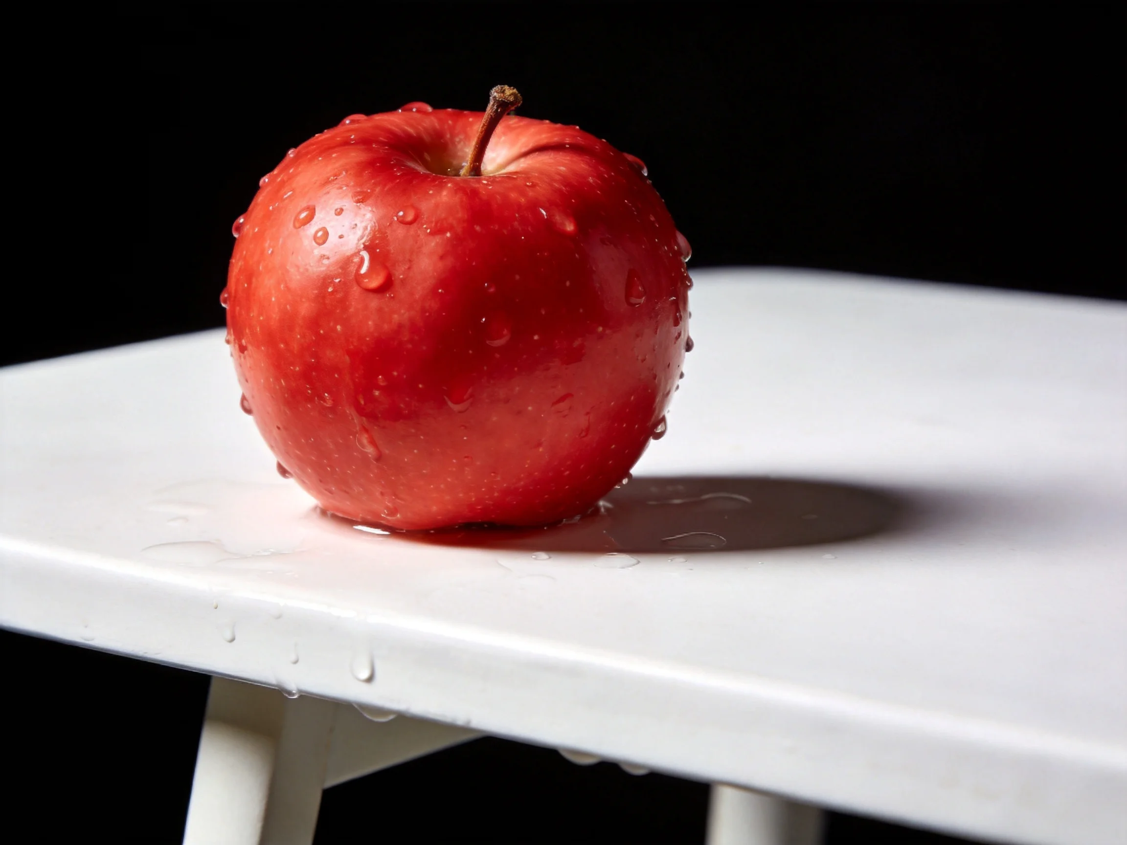 A glossy red apple with water droplets sits on a white table