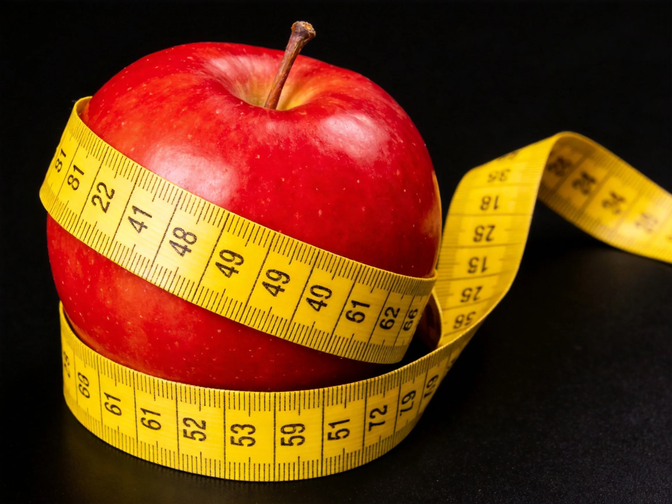 A glossy red apple wrapped in a bright yellow measuring tape