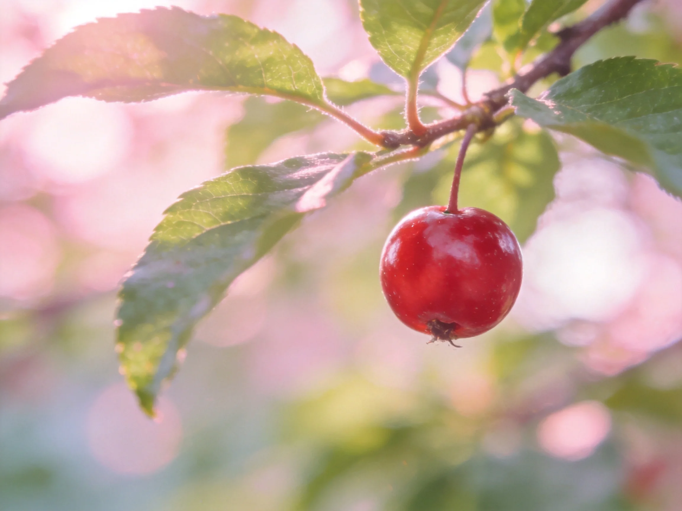 A glossy red berry hangs from a leafy branch under soft, pink - hued light