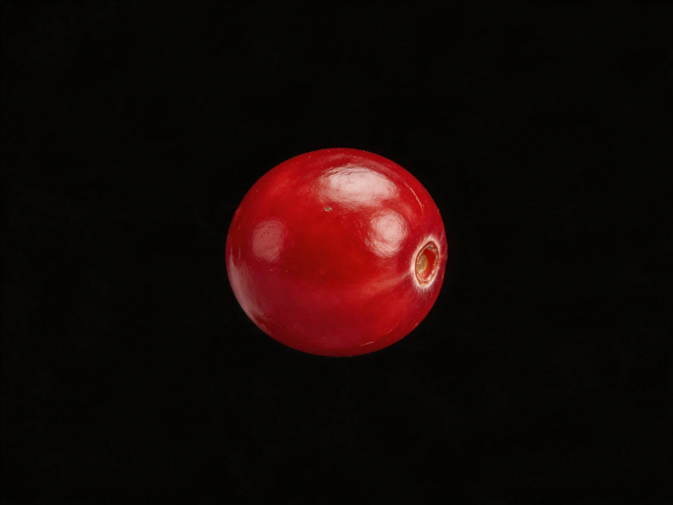 A glossy red berry isolated on a solid black background
