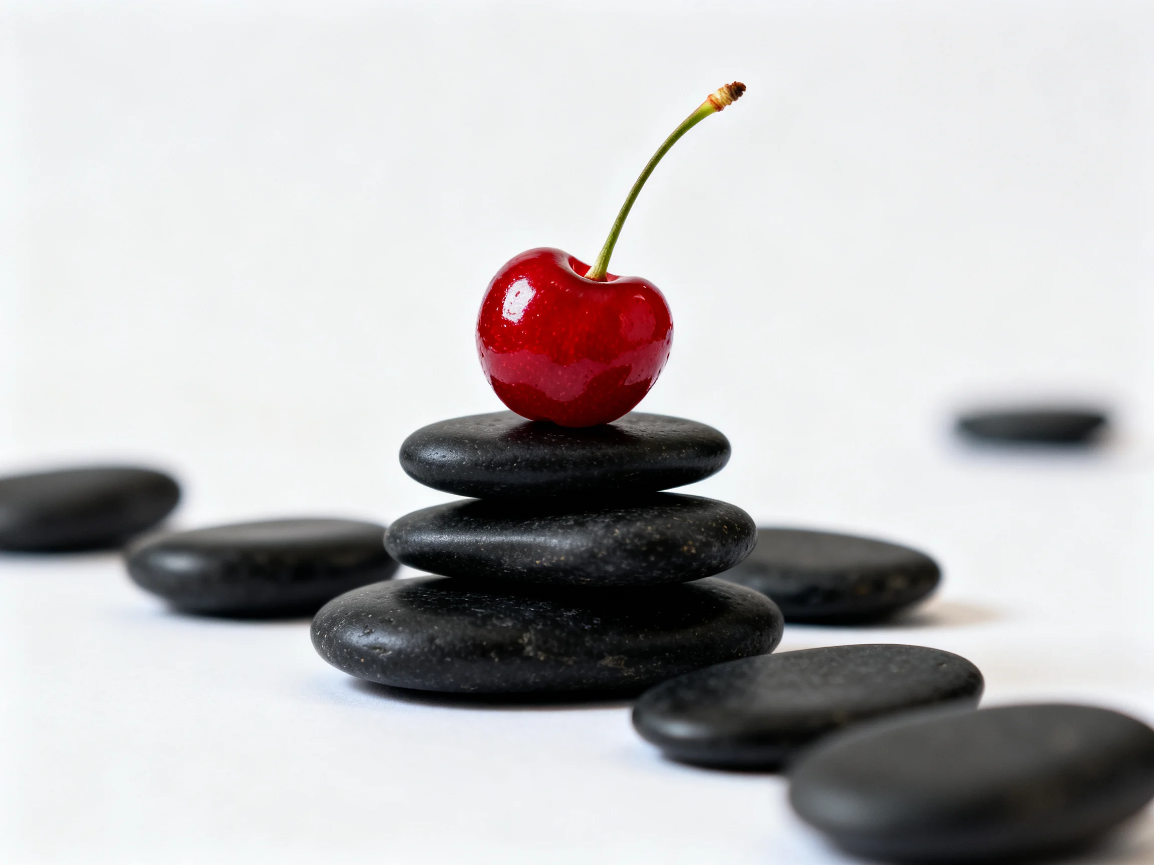 A glossy red cherry atop stacked smooth black stones