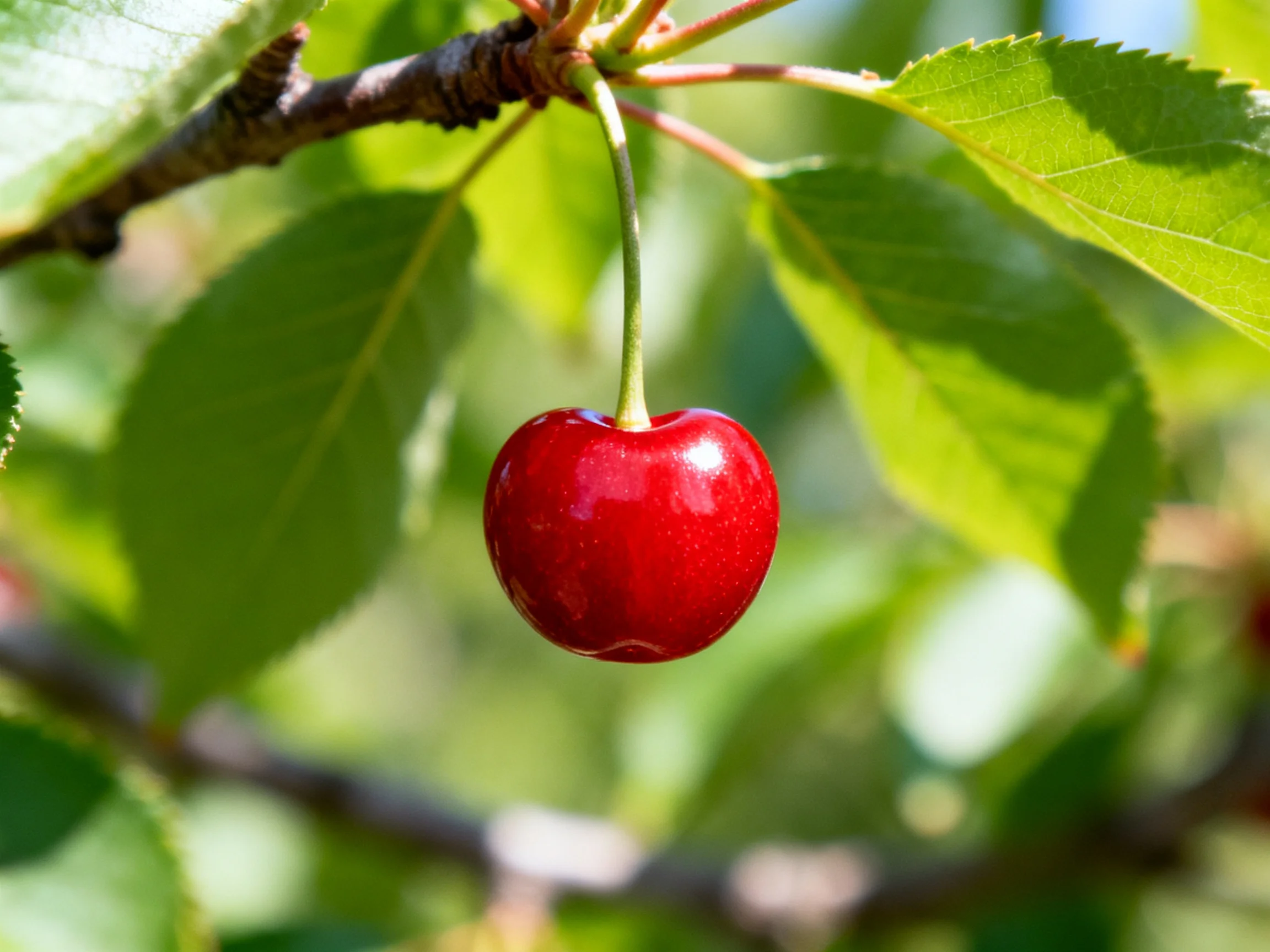 A glossy red cherry dangles from a tree branch among green leaves