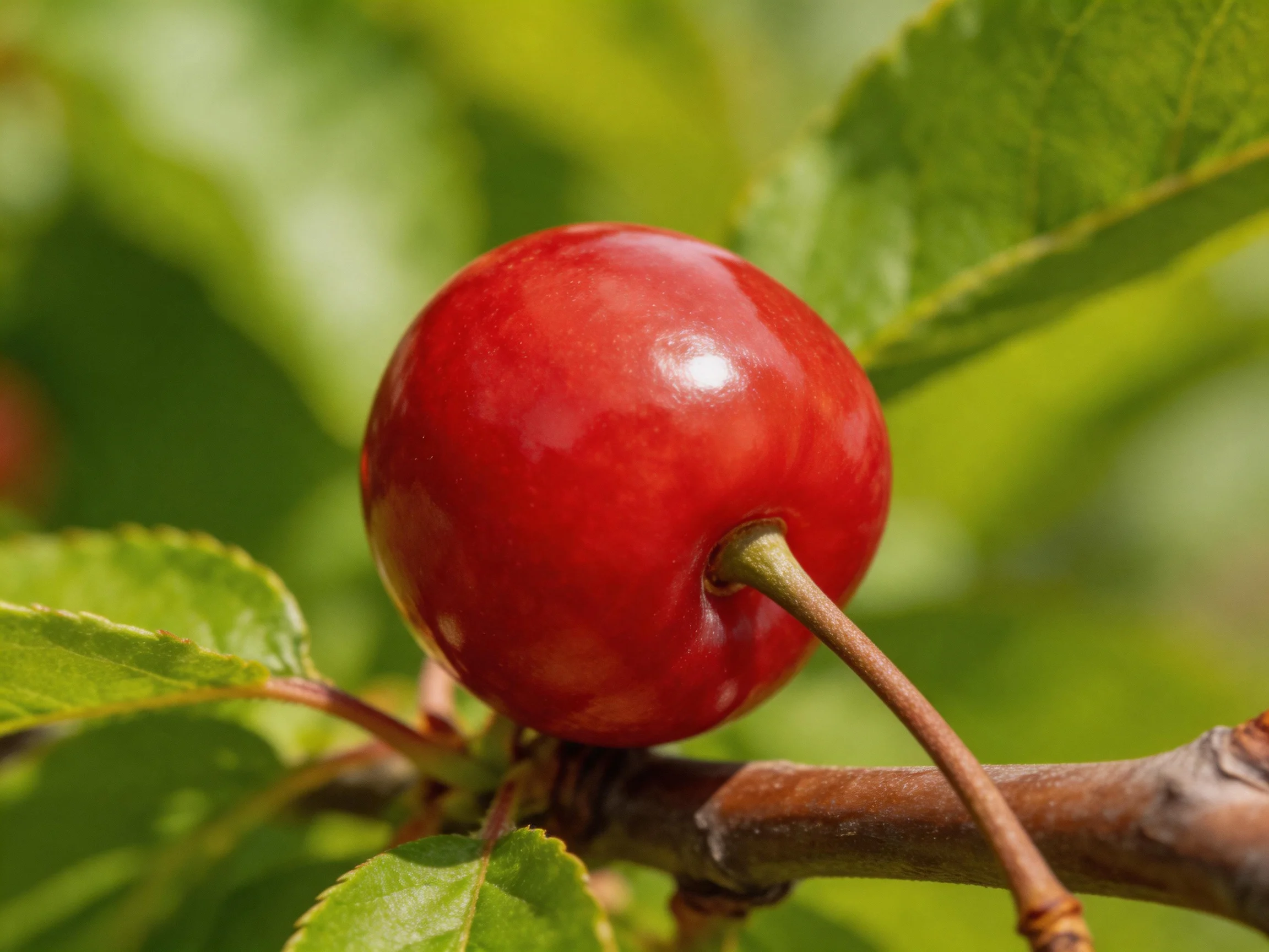 A glossy red cherry fruit attached to a tree branch