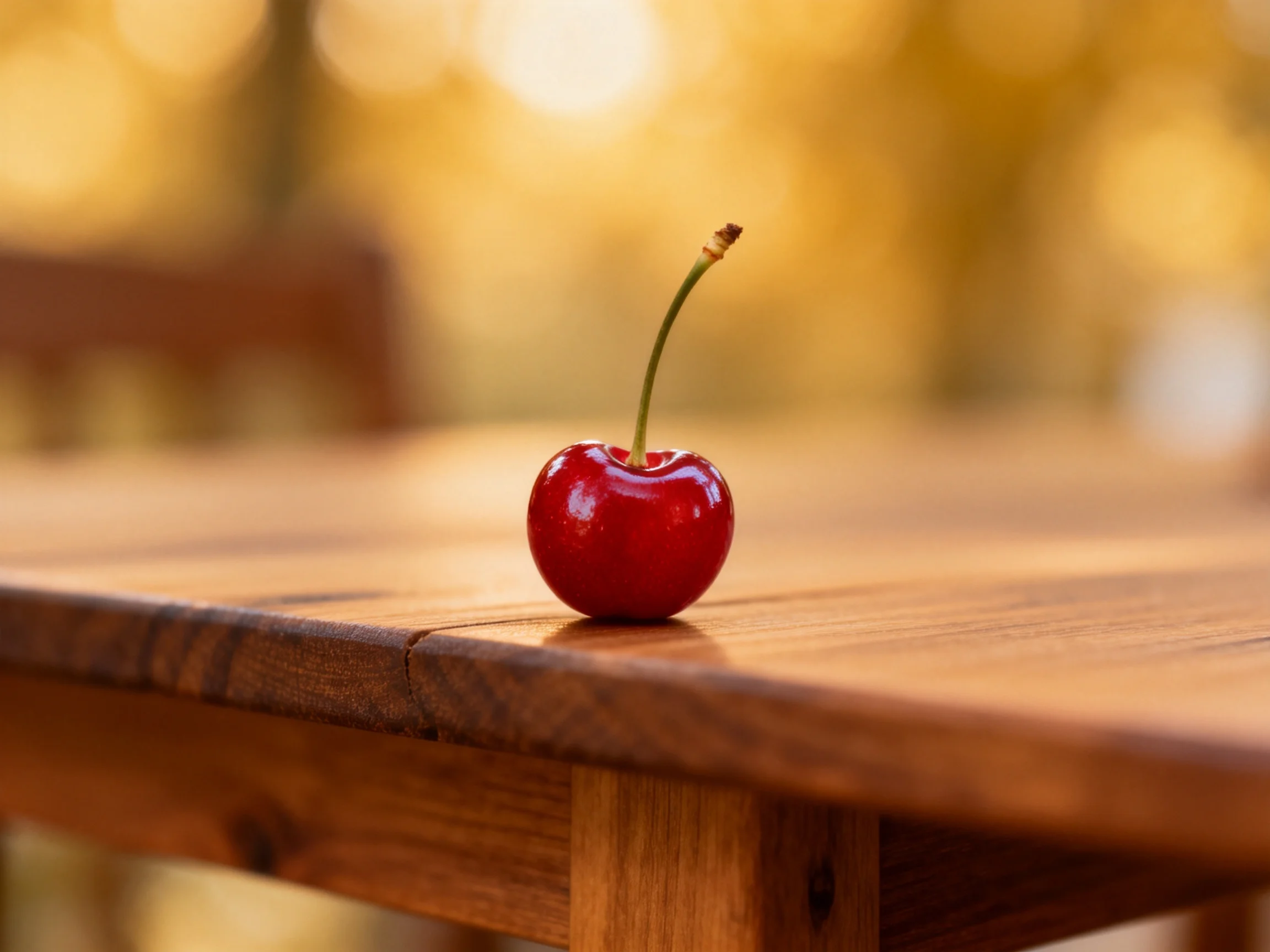 A glossy red cherry rests on a polished wooden table amid golden bokeh