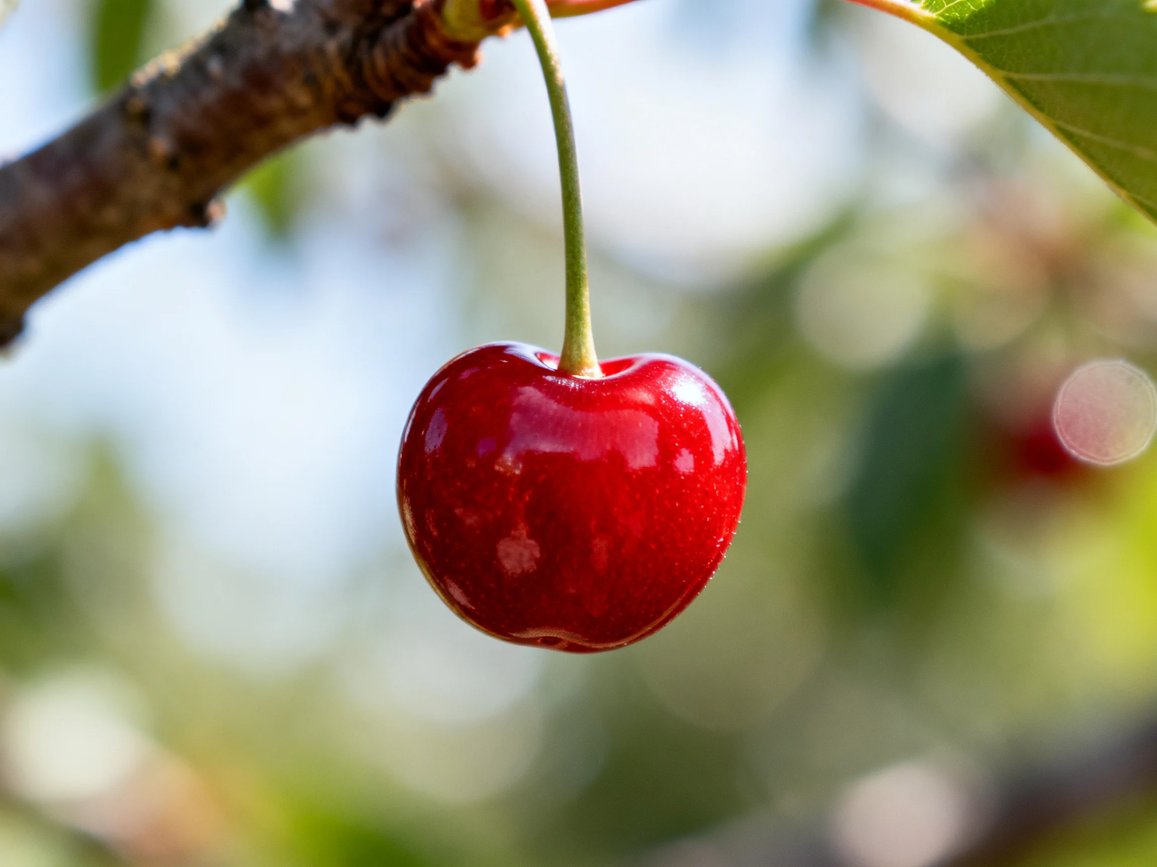 A glossy red cherry suspended from a tree branch