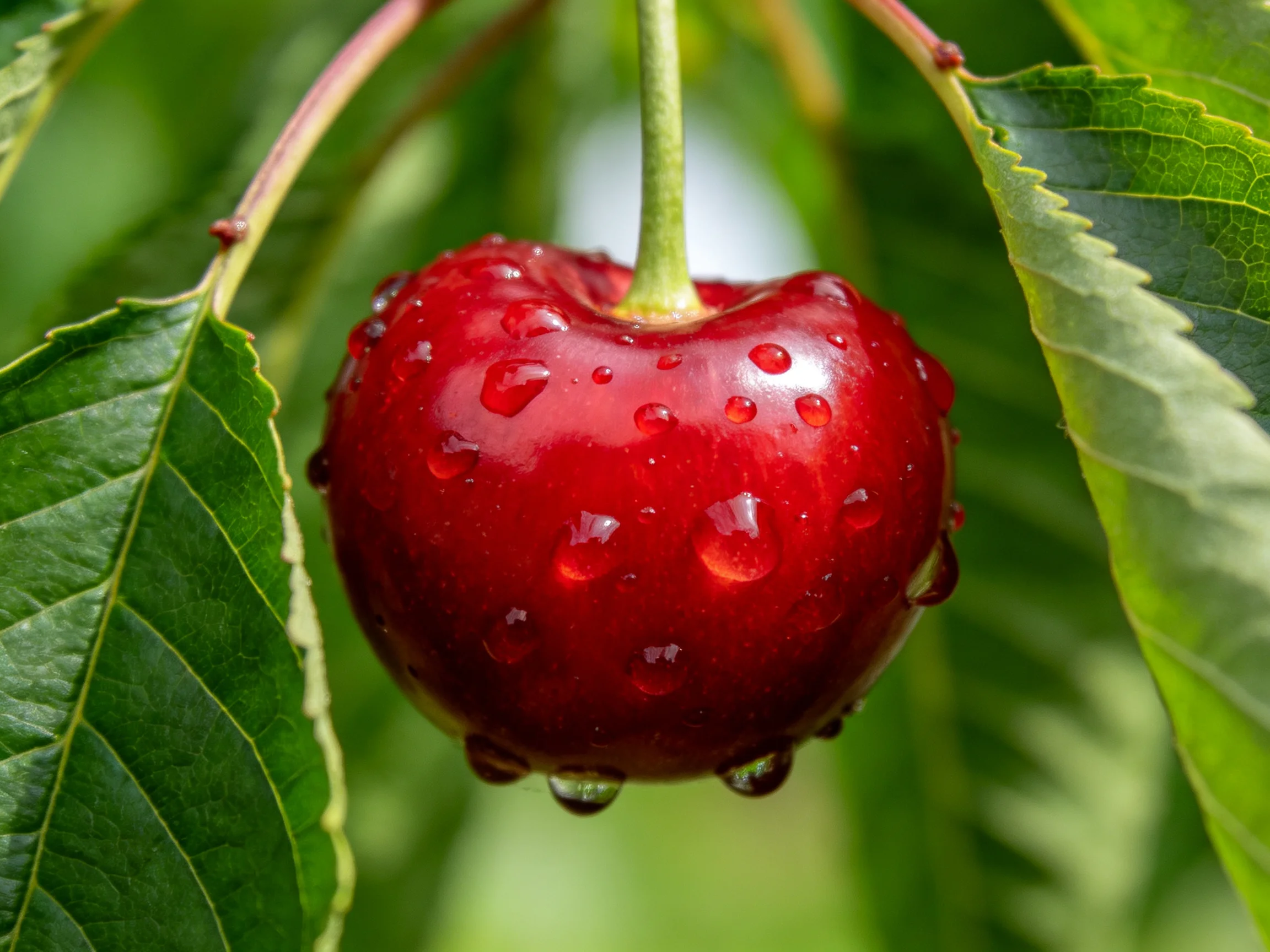 A glossy red cherry with water droplets hangs among green leaves