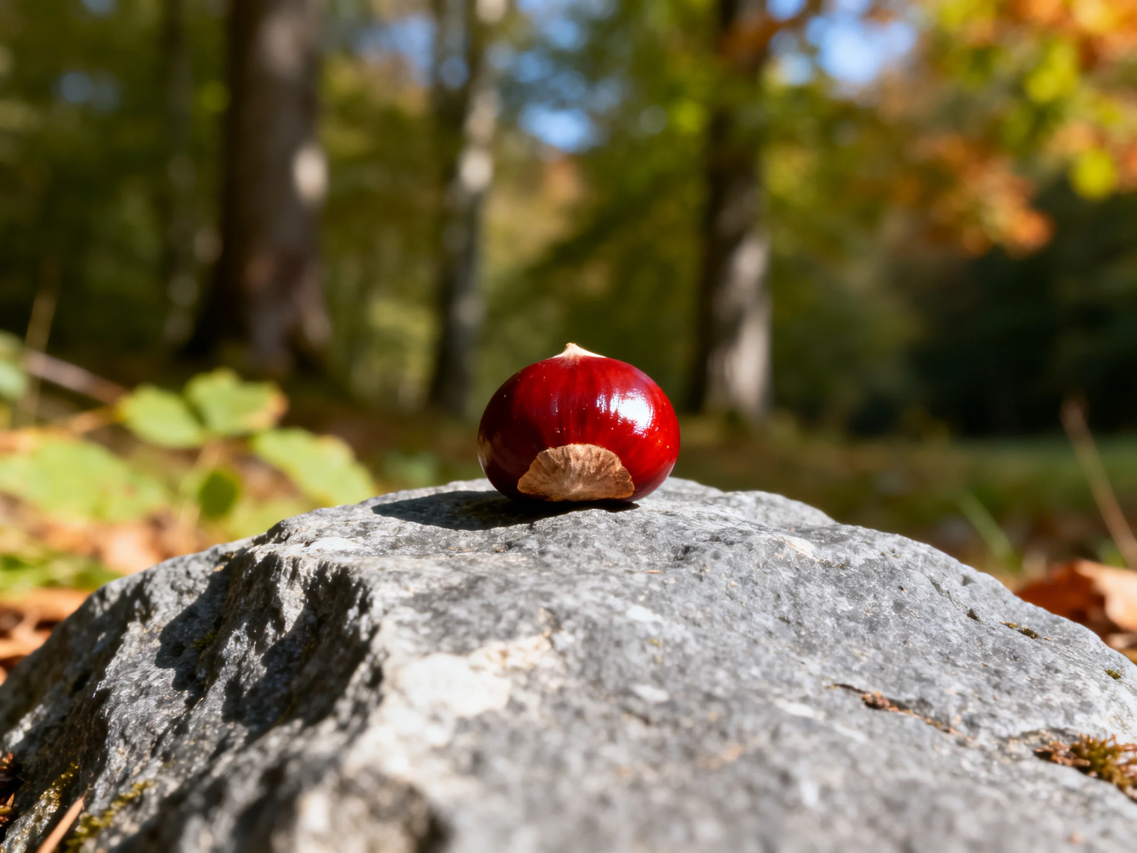 A glossy red chestnut rests atop a textured gray stone amid a sunlit woodland