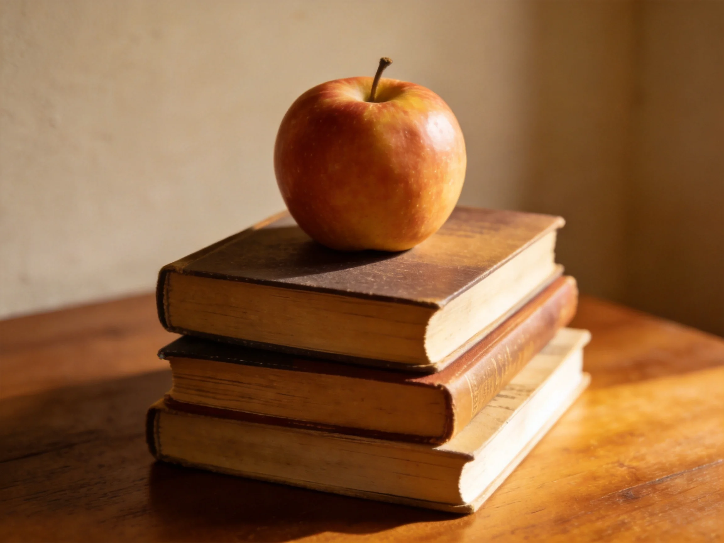 A glossy red-orange apple atop three aged brown books on a wooden table