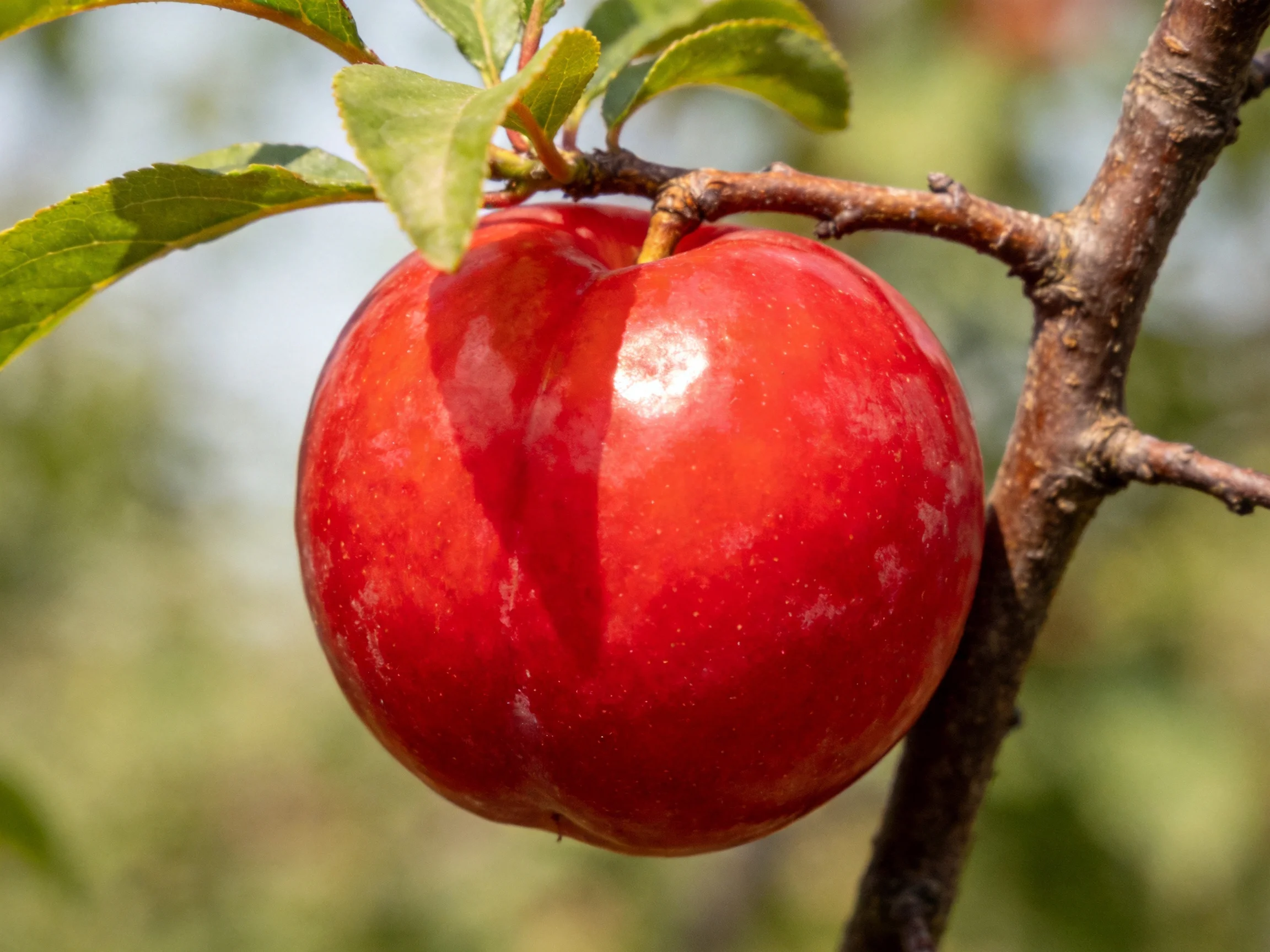 A glossy red plum hangs from a brown tree branch with green leaves